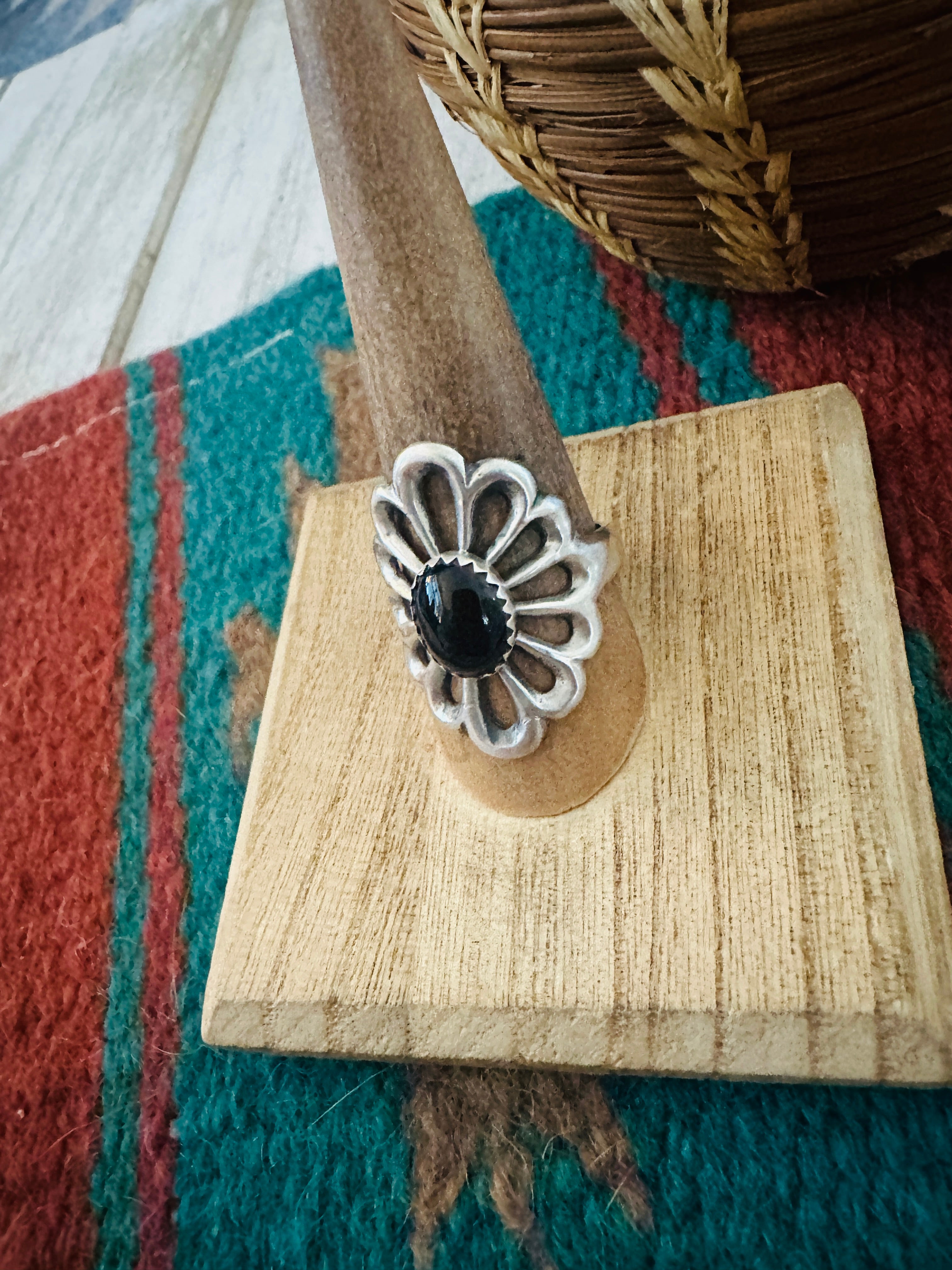 Navajo Sterling Silver & Onyx Flower Ring