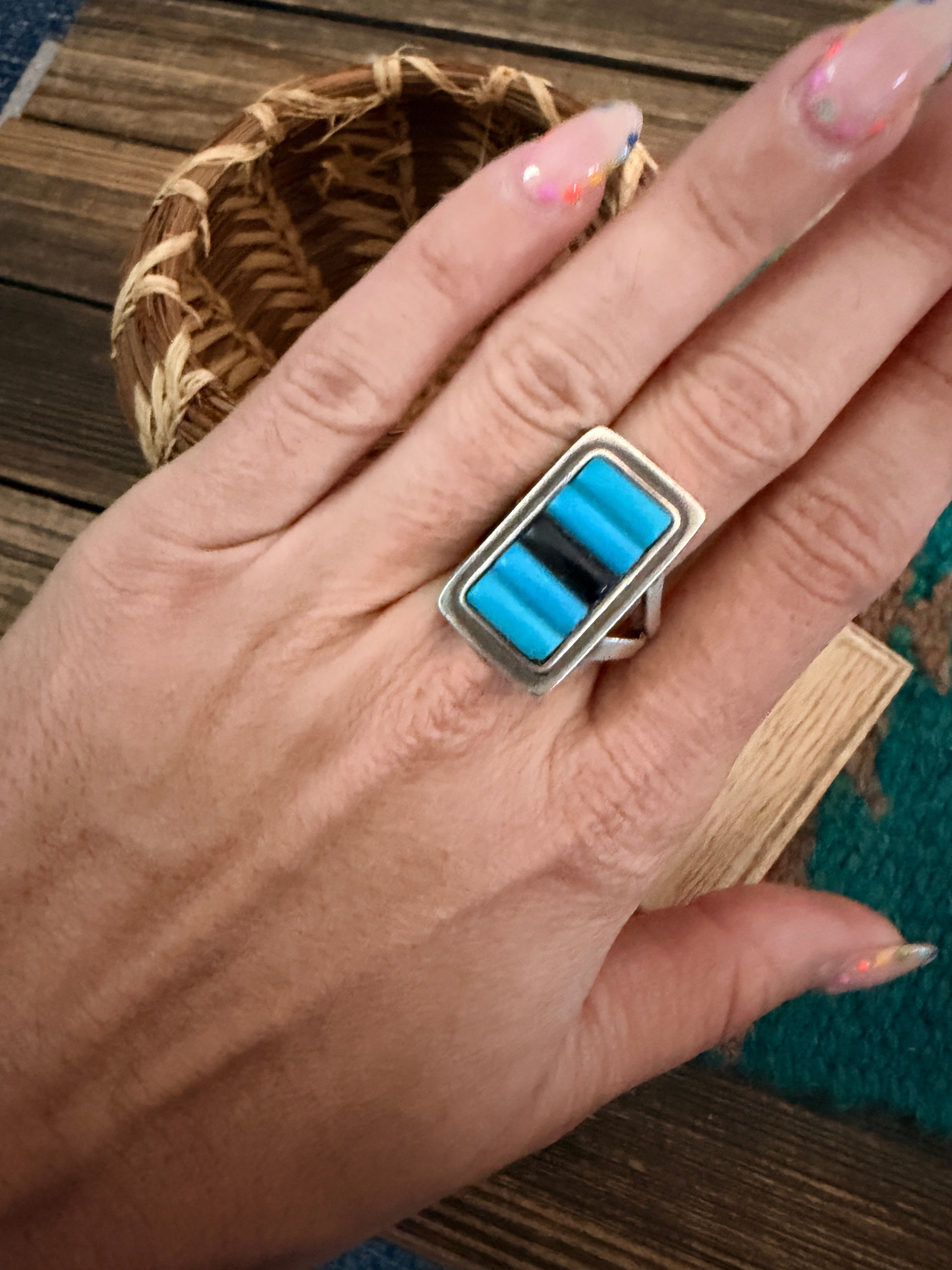 Old Pawn Handcrafted Turquoise, Onyx & Sterling Silver Inlay Ring Size 8.75