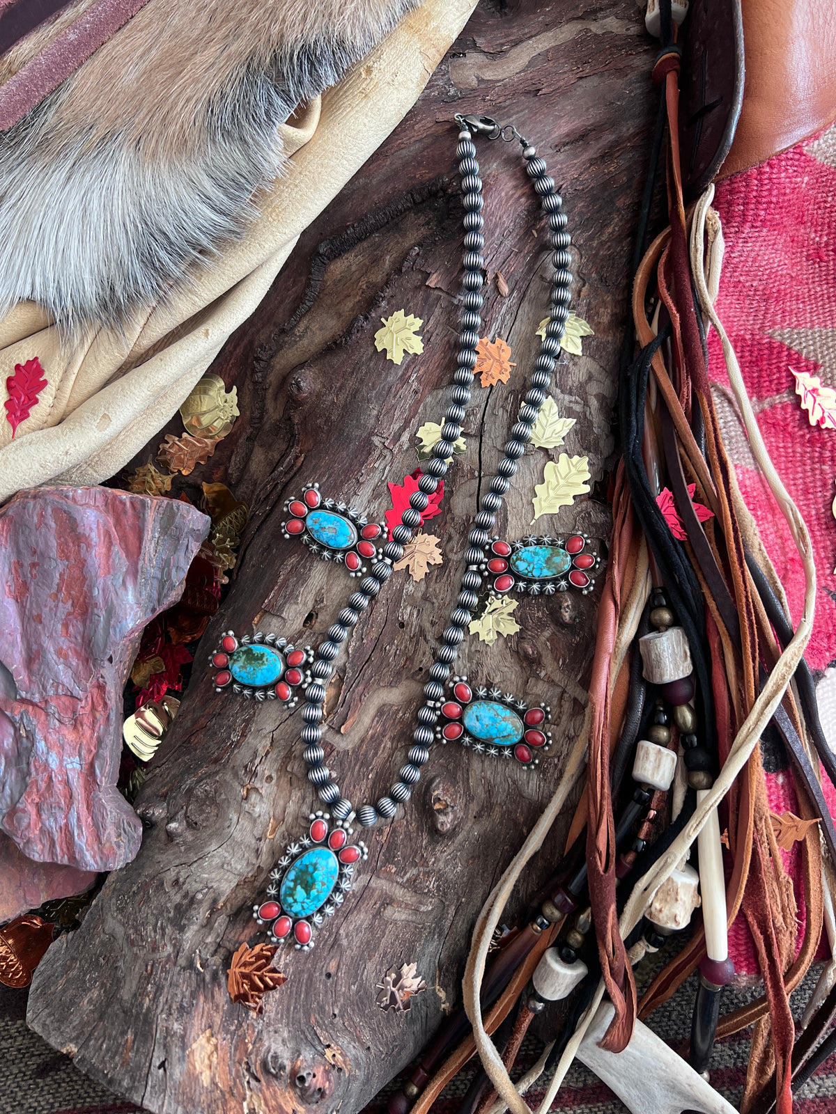 Taos Collection: Handcrafted Sterling Silver, Kingman Turquoise & Mediterranean Red Coral Necklace by Mark Yazzie