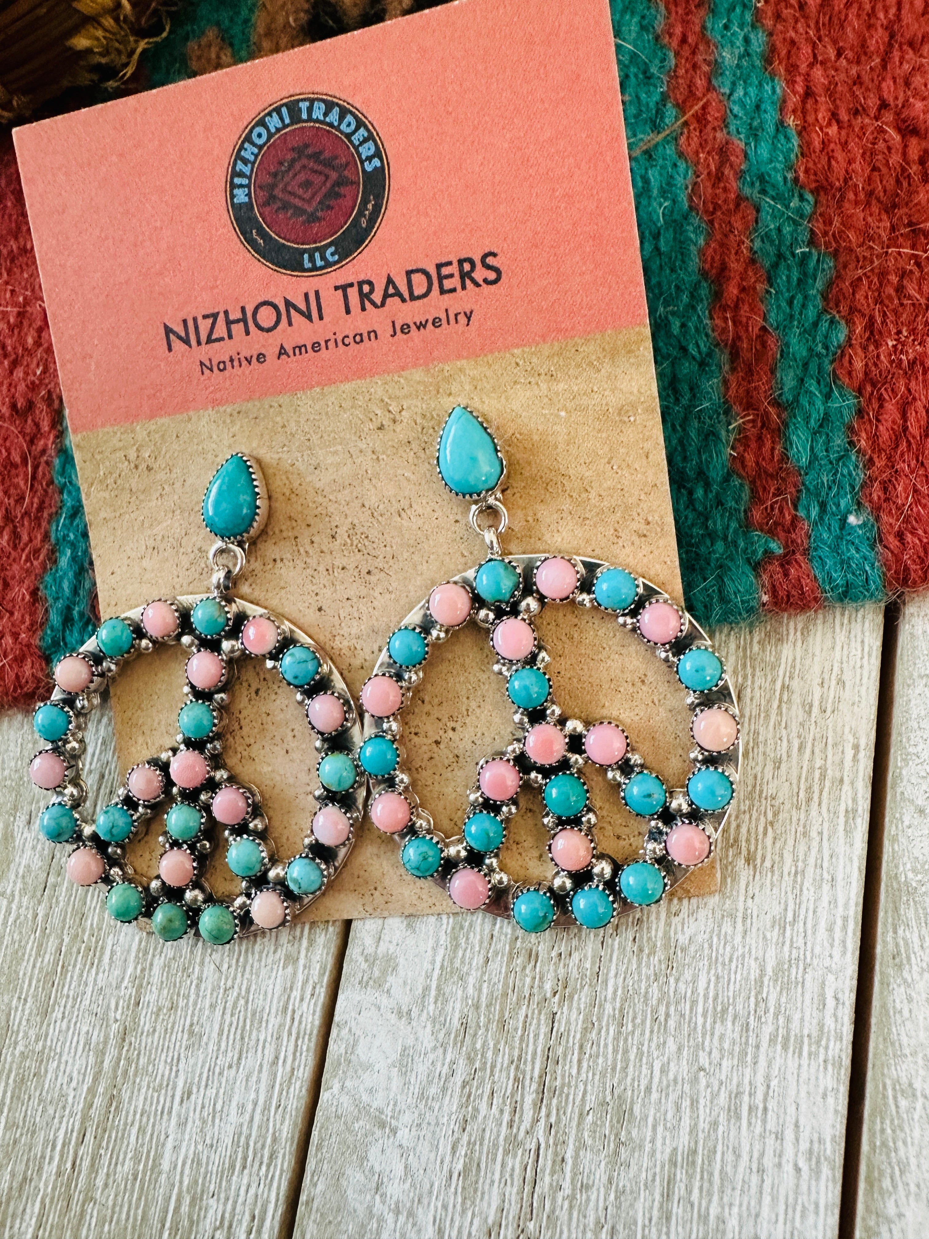 Handcrafted Turquoise, Queen Pink Conch & Sterling Silver Peace Sign Dangle Earrings