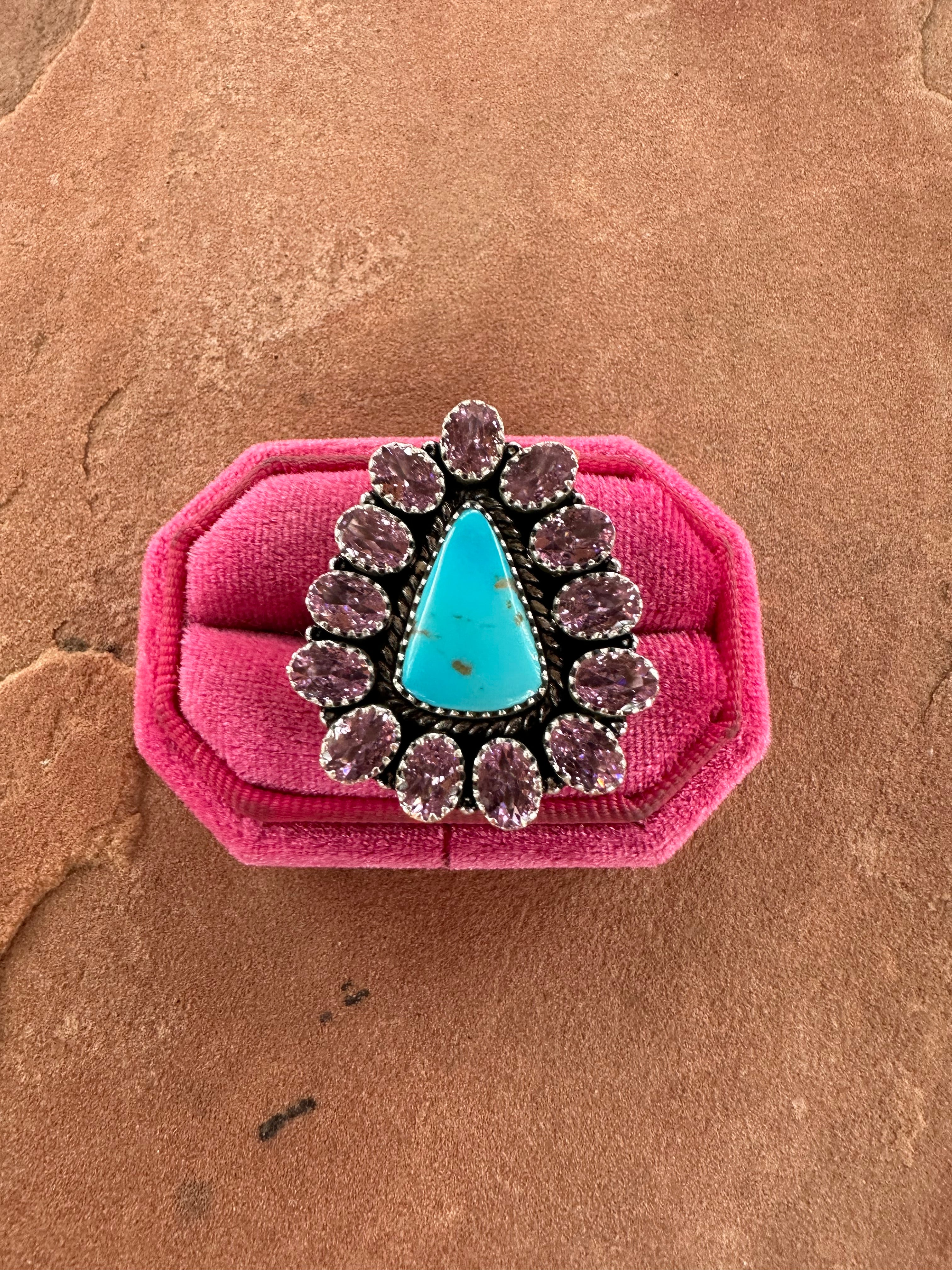 Handmade Turquoise, Pink & Sterling Silver Adjustable Ring