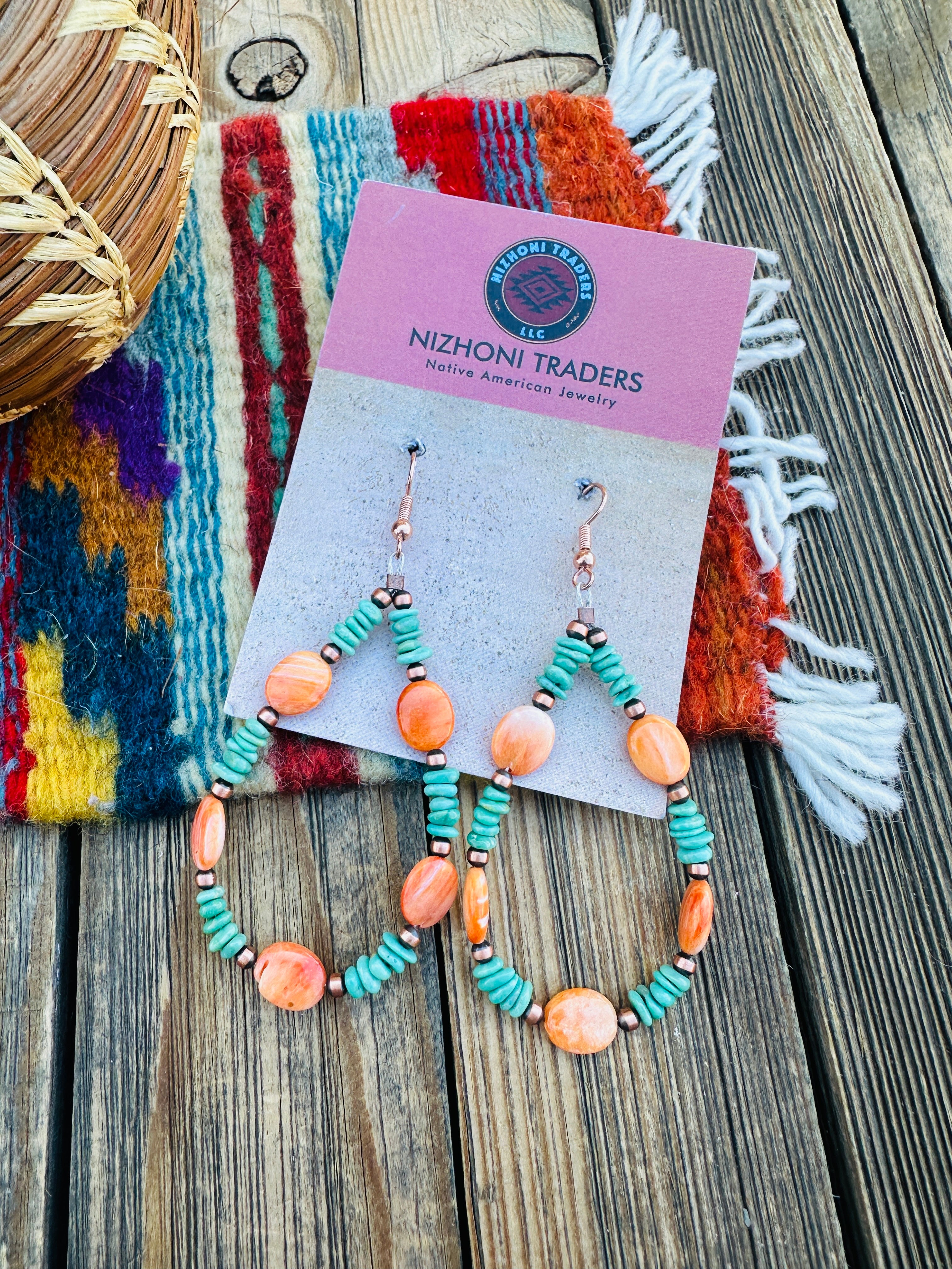 Handcrafted Spiny Oyster, Turquoise & Copper Beaded Dangle Hoop Earrings