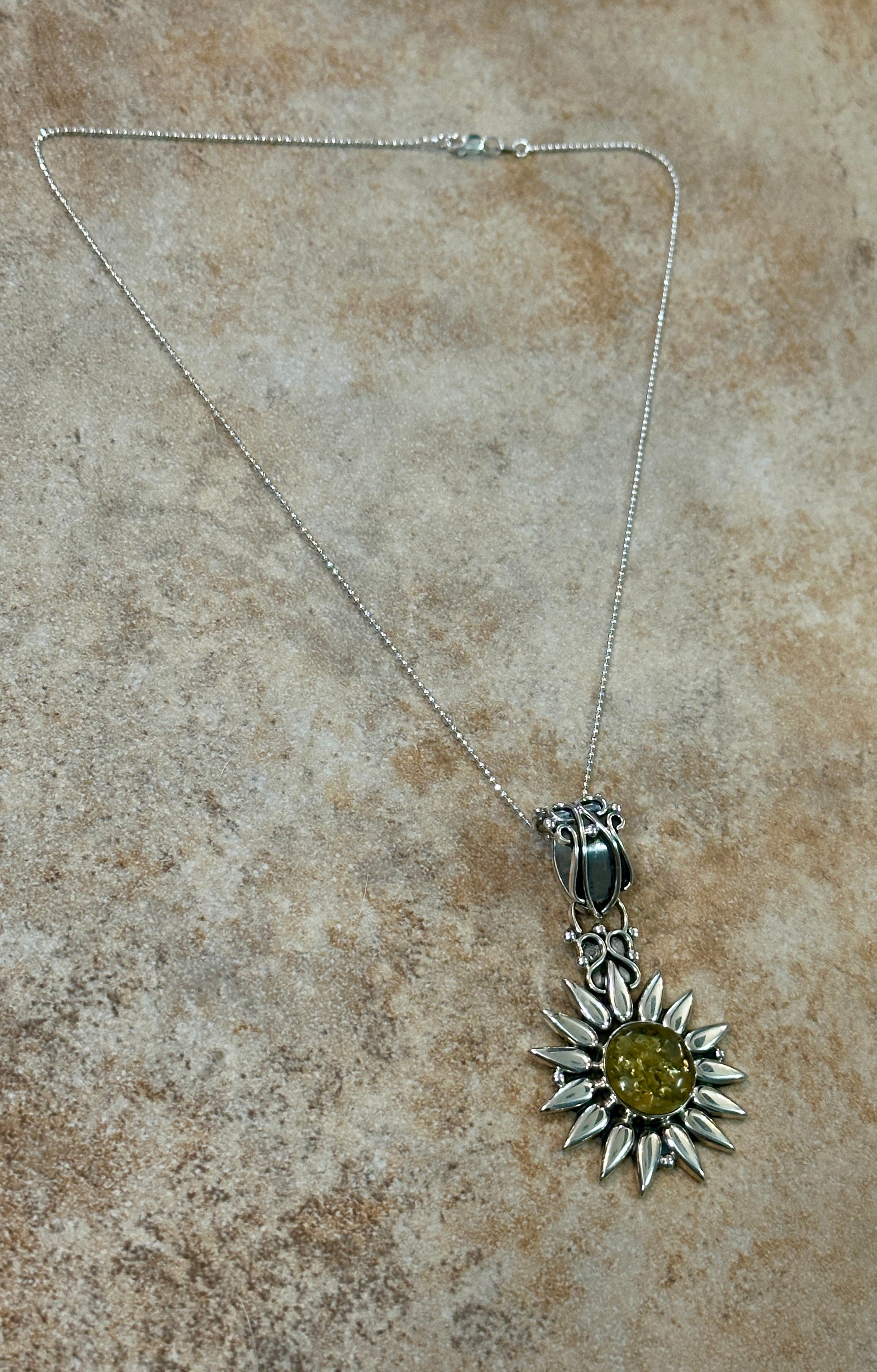 Amber Sunburst Pendant w/ Sterling Silver Necklace