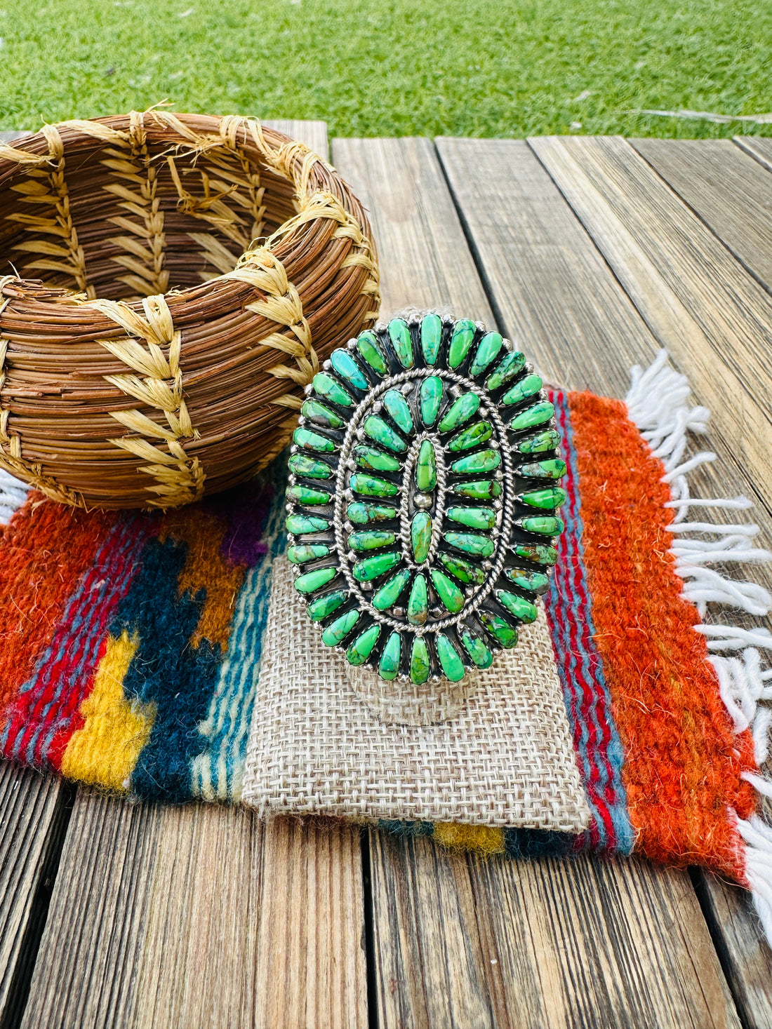 Handcrafted Green Turquoise & Sterling Silver Cluster Adjustable Ring