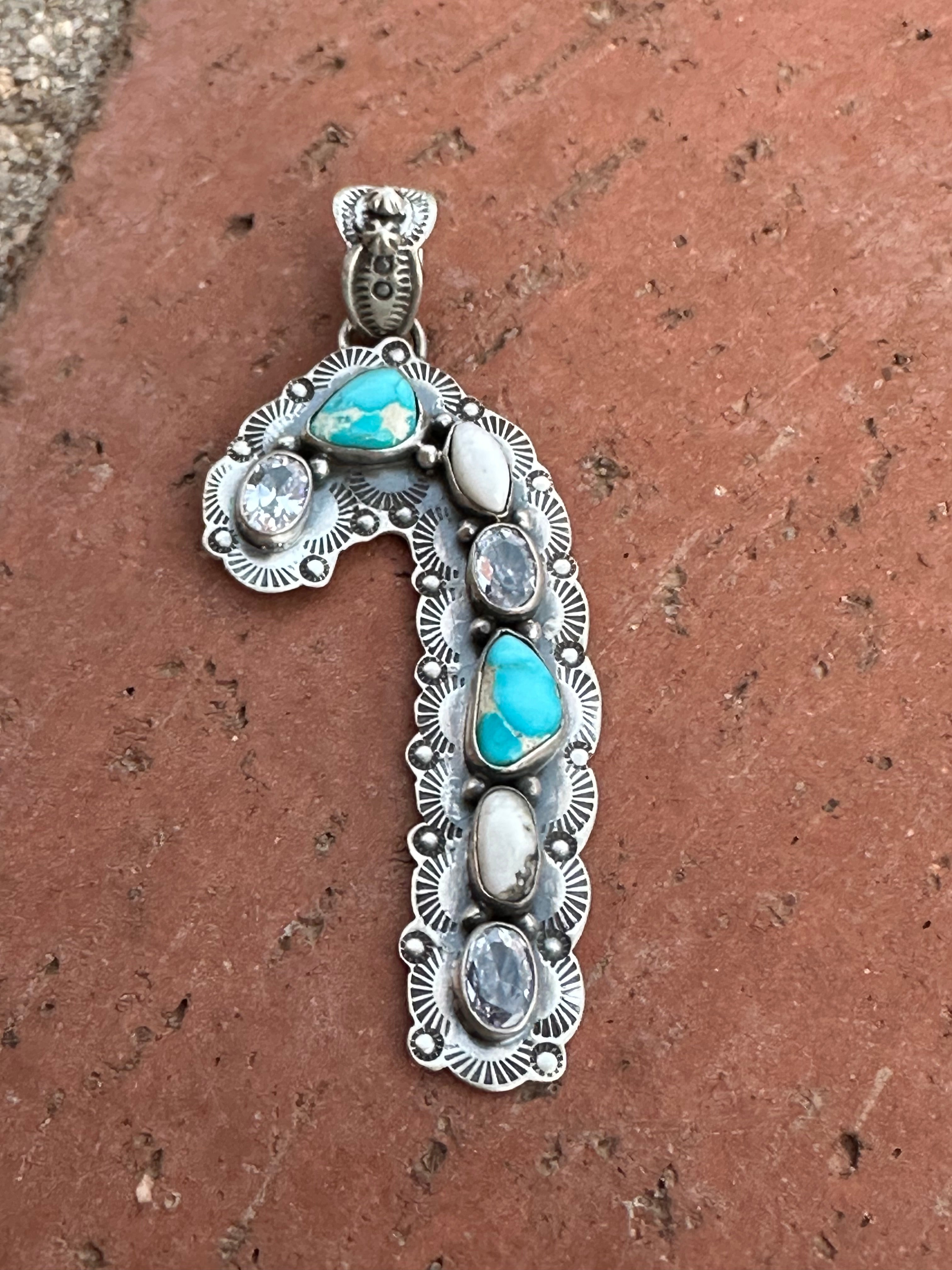 Handmade Sterling Silver White Buffalo & Golden Hills Turquoise Christmas Candy Cane Pendant