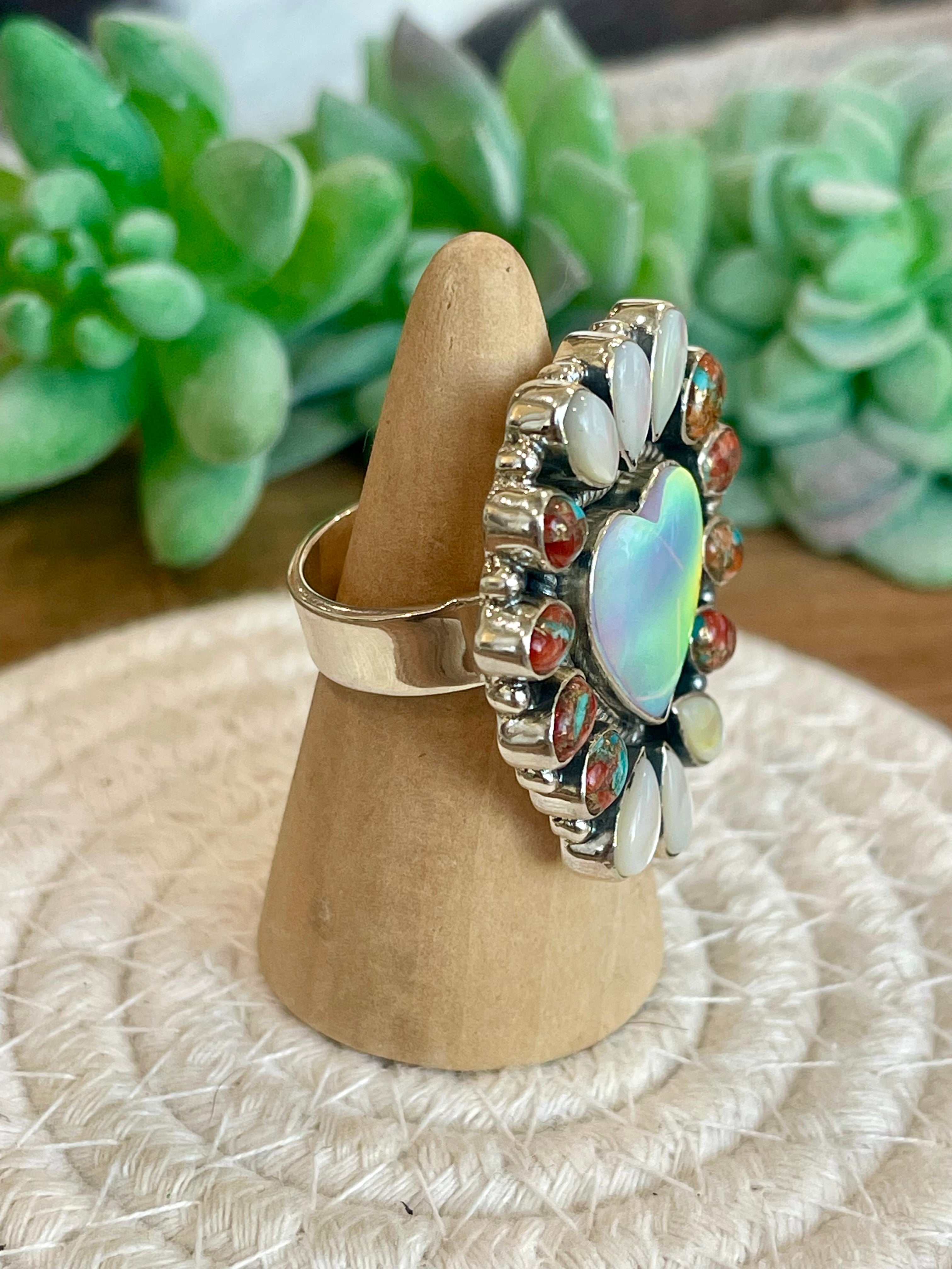 Handmade Opal, Mother Of Pearl, Mojave And Sterling Silver Adjustable Ring Signed Nizhoni