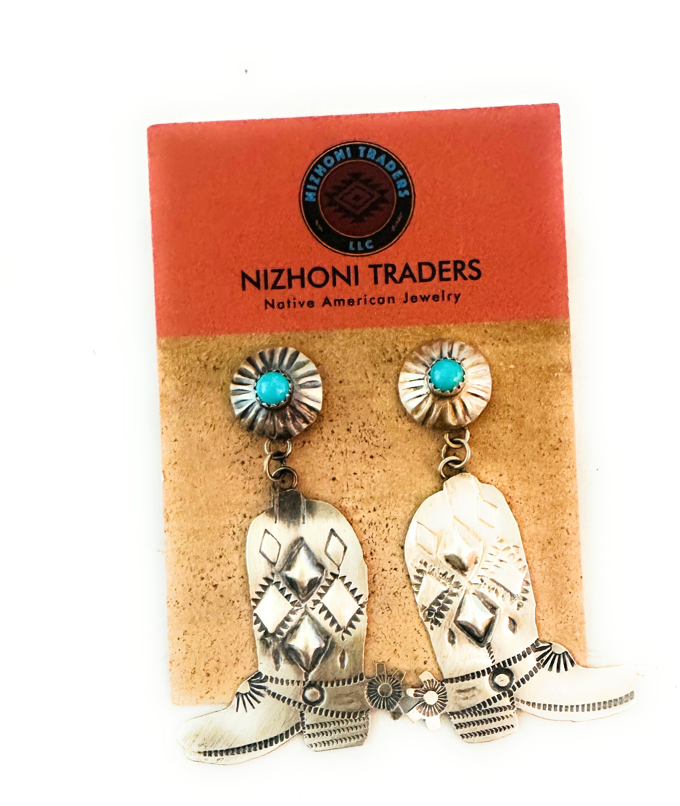 Navajo Turquoise & Sterling Silver Cowboy Boot Dangle Earrings By Tim Yazzie