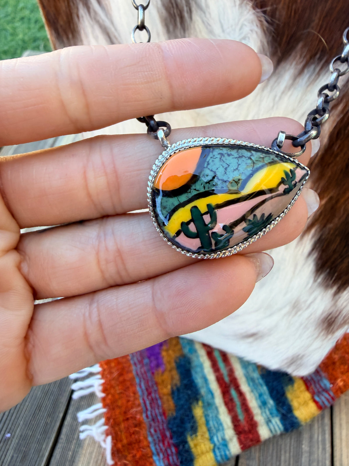 Handmade Sterling Silver & Jasper Painted Cactus Necklace
