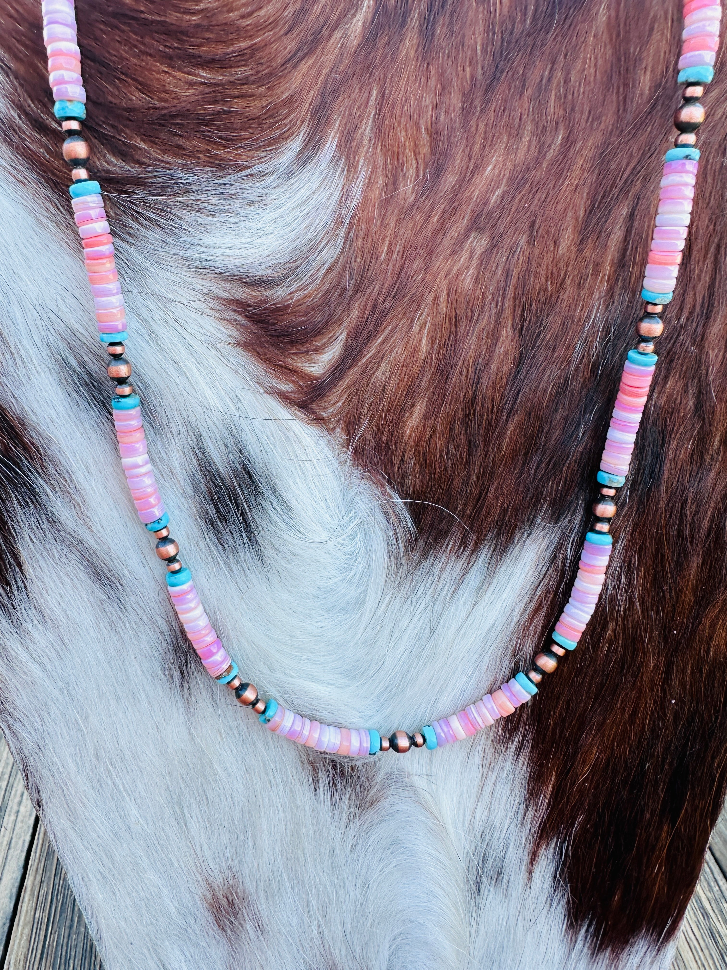 Handcrafted Queen Pink Conch, Turquoise & Copper 18” Beaded Necklace