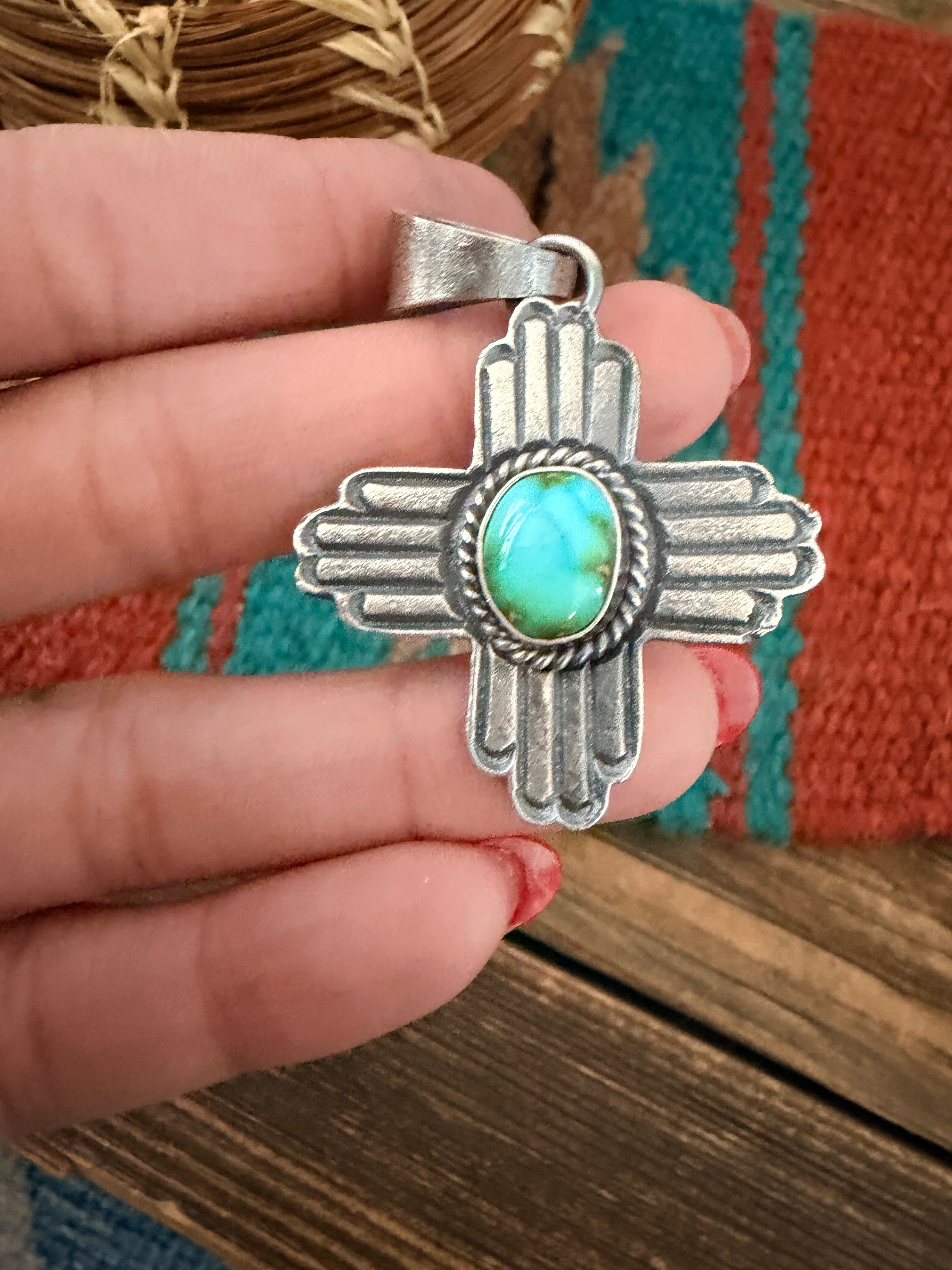 Handcrafted Sterling Silver & Sonoran Mountain Turquoise Zia Cross Pendant by Kevin Billah