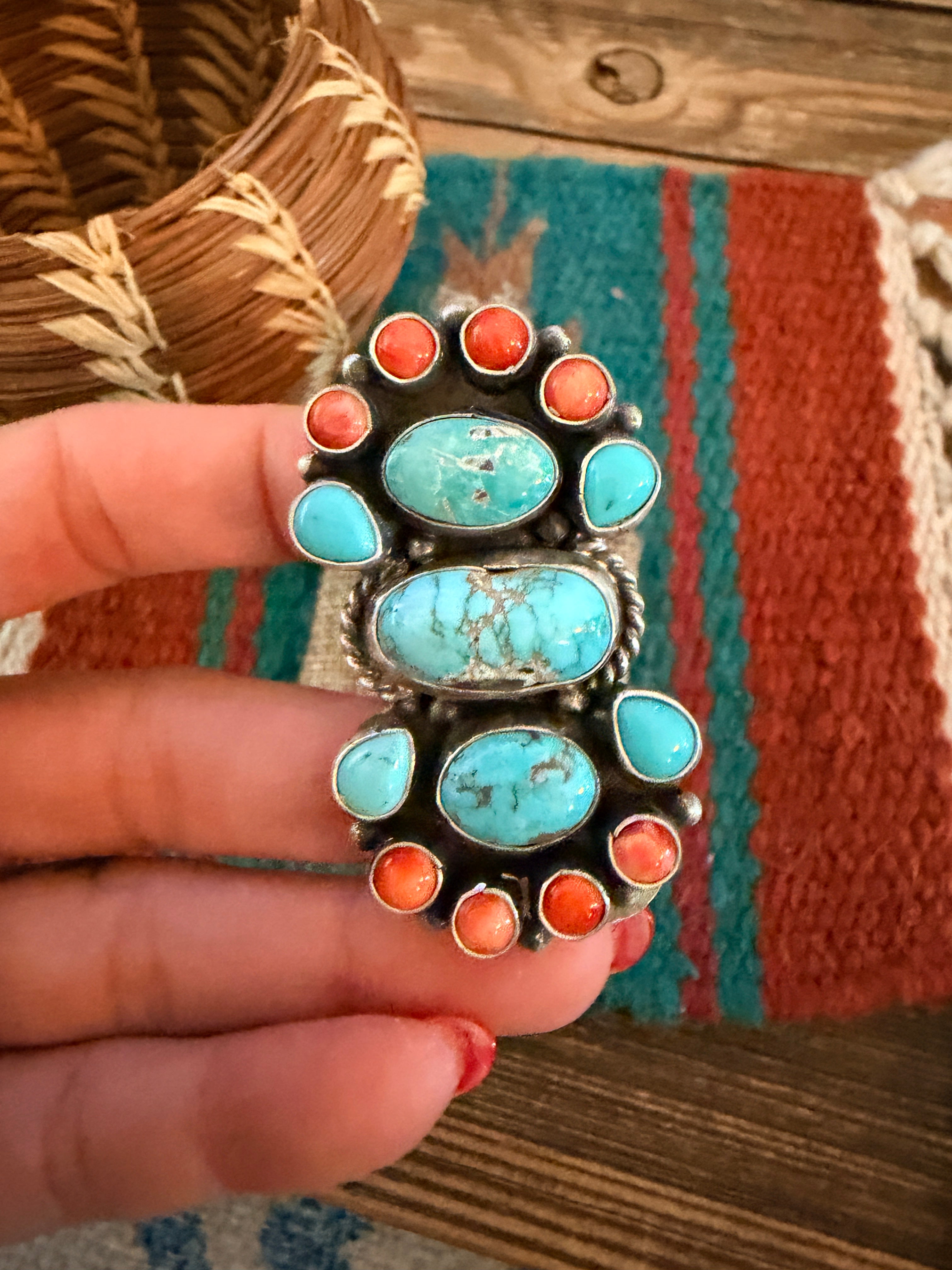Handcrafted Spiny Oyster, Turquoise & Sterling Silver Cluster Ring by Sheila Becenti Size 9.5