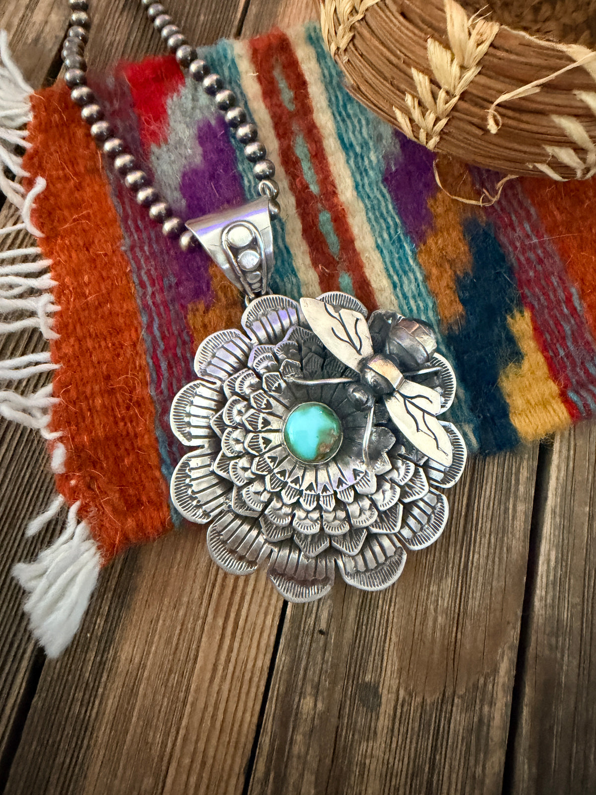 Handcrafted Sterling Silver & Turquoise Sunflower Necklace with Bee by Russell Sam