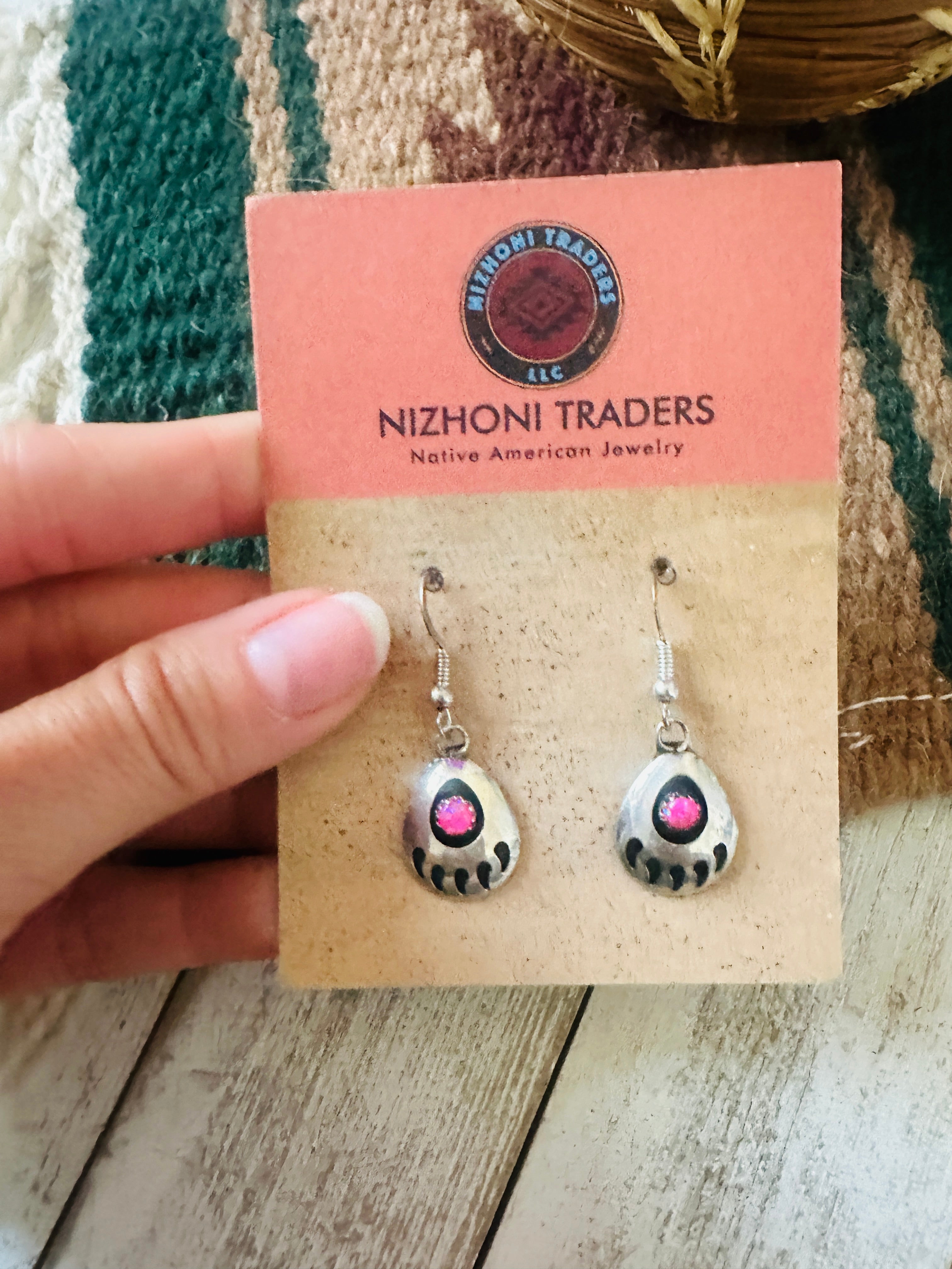 Navajo Pink Opal & Sterling Silver Bear Paw Dangle Earrings