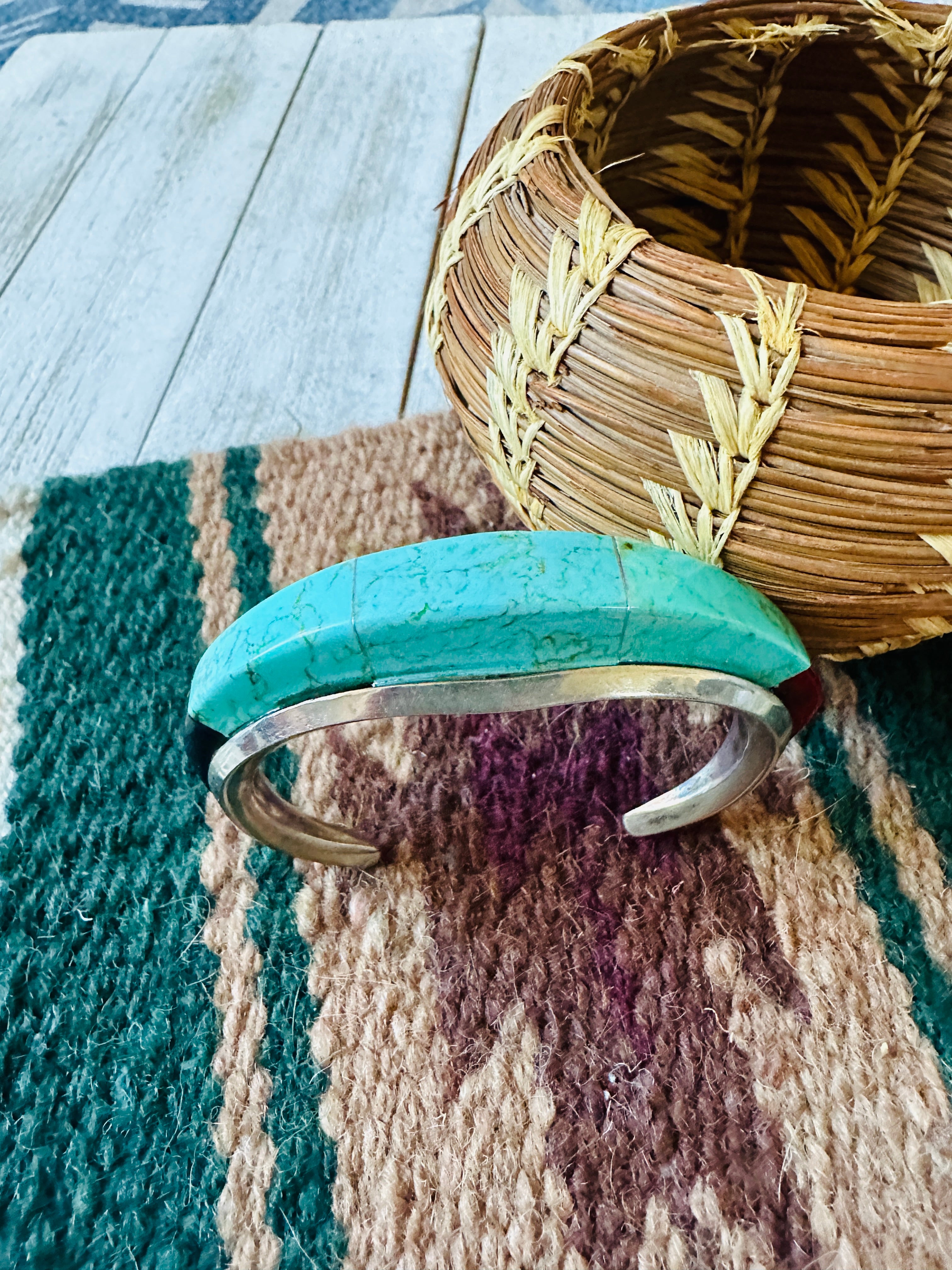 Old Pawn Navajo Sterling Silver, Turquoise, Onyx & Coral Cuff Bracelet