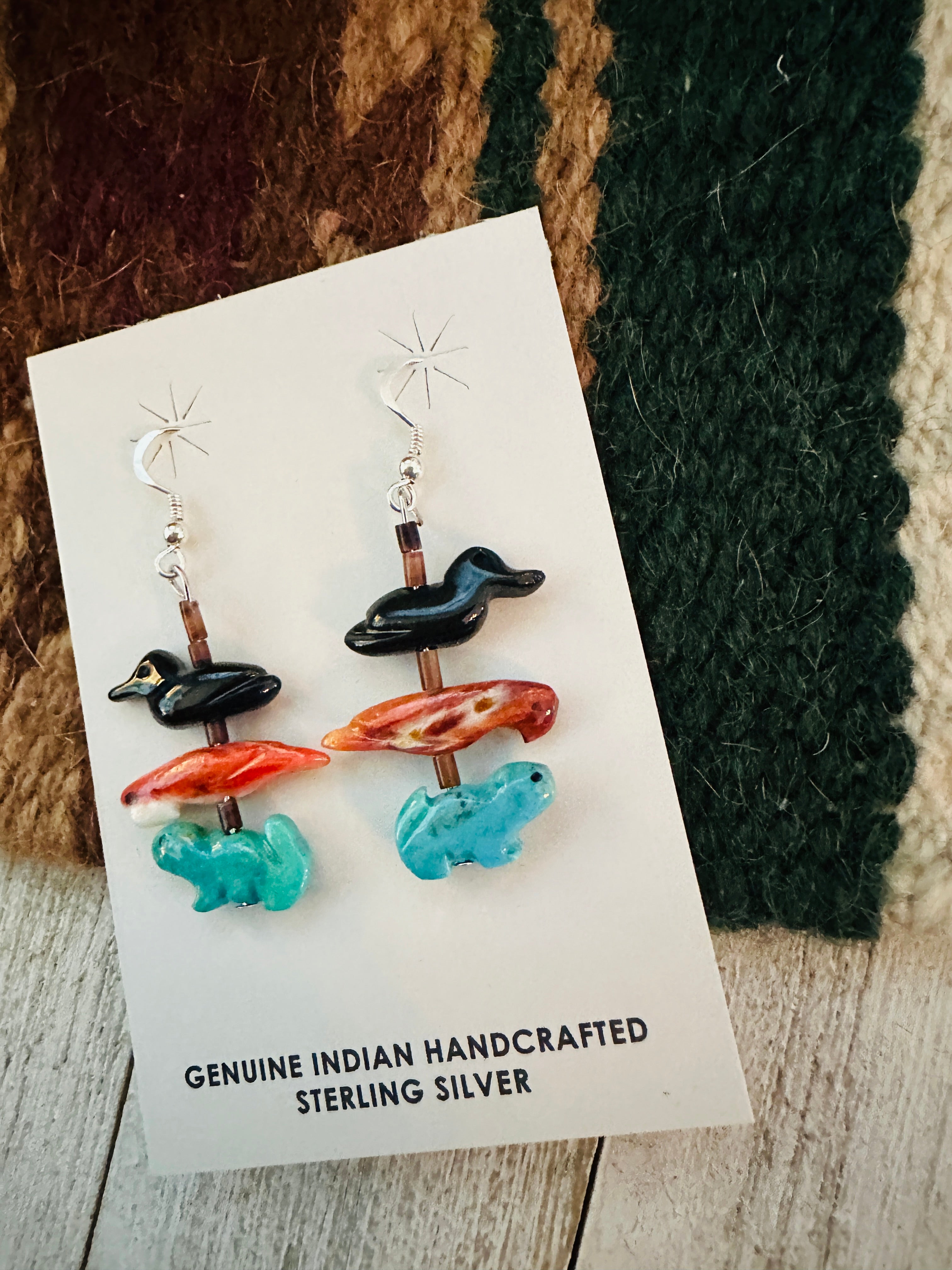 Zuni Multi Stone Beaded Fetish Dangle Earrings