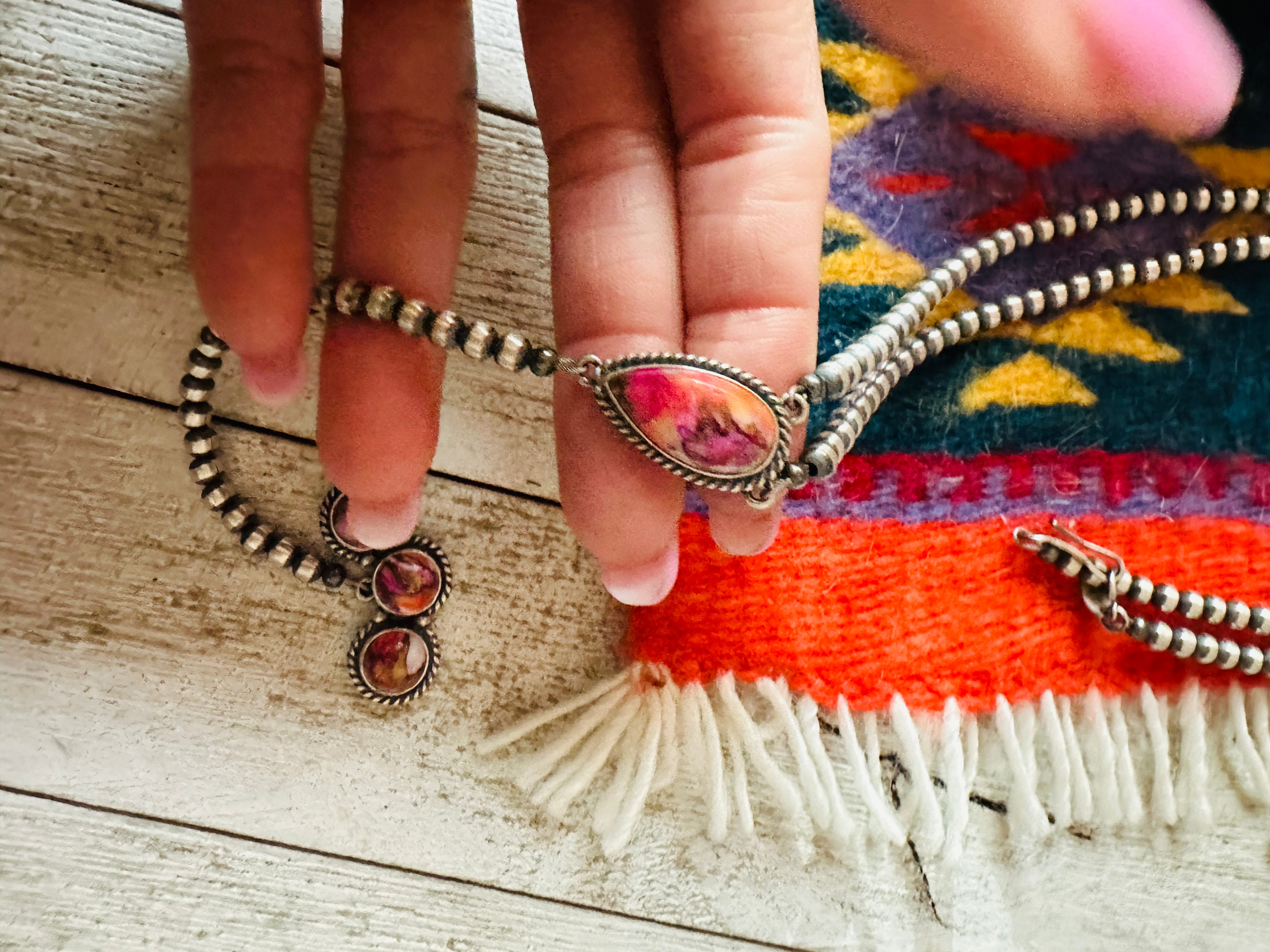 Navajo Multi Stone & Sterling Silver Pearl Beaded Lariat Necklace