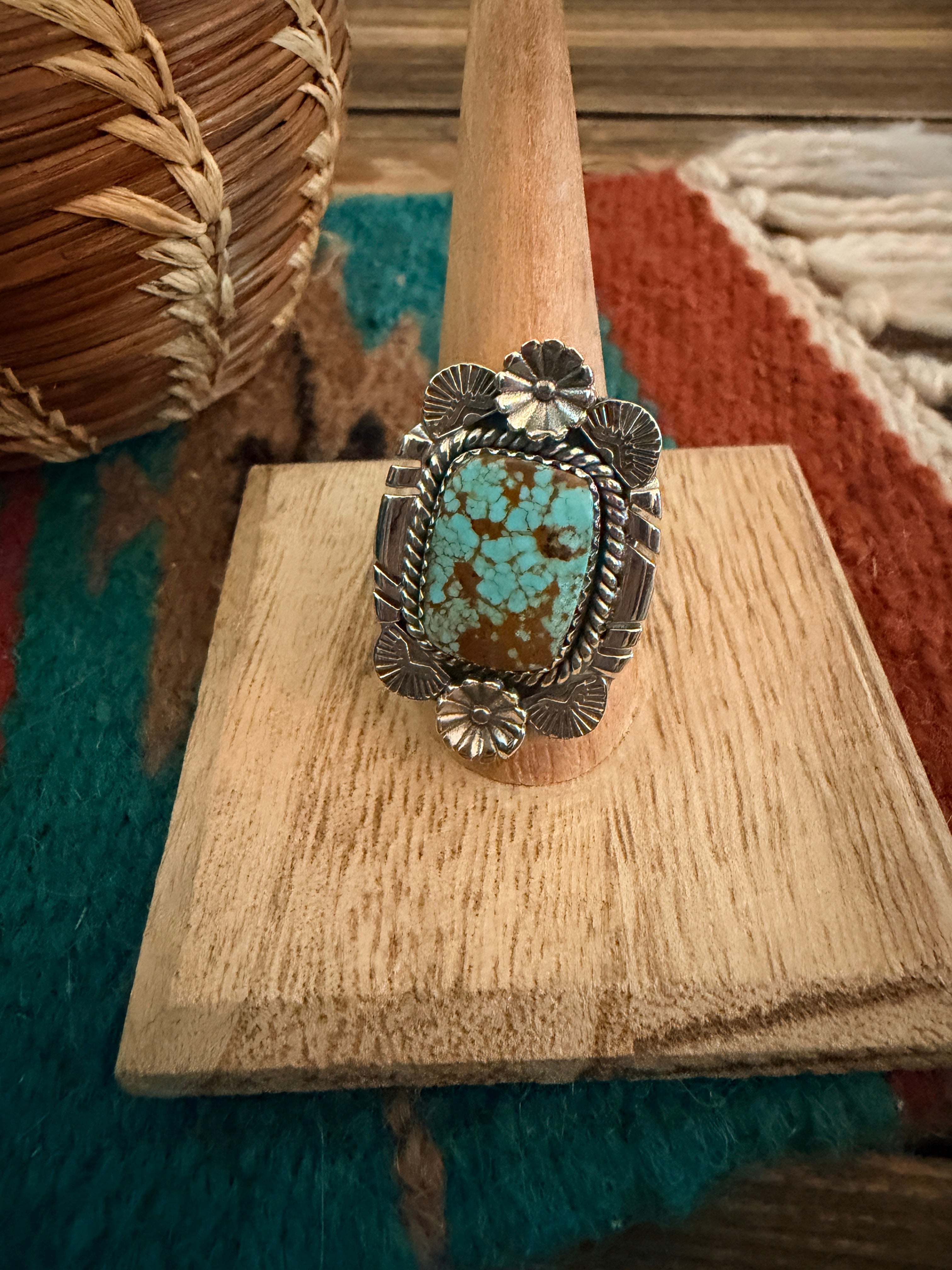 Handmade Sterling Silver Number 8 Turquoise Adjustable Ring Signed Nizhoni