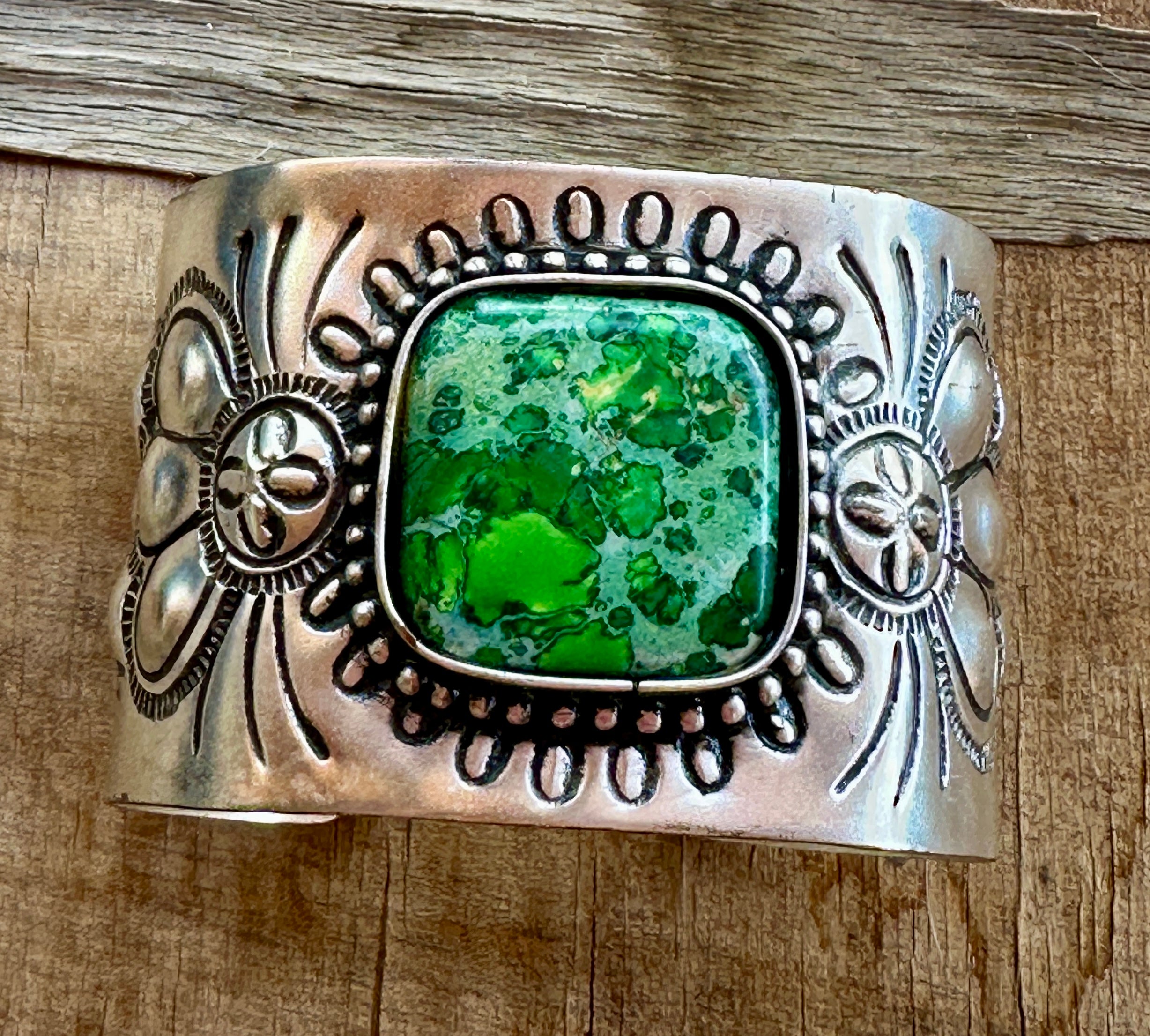 Engraved Silver Plated Cuff Bracelet with Green Stone