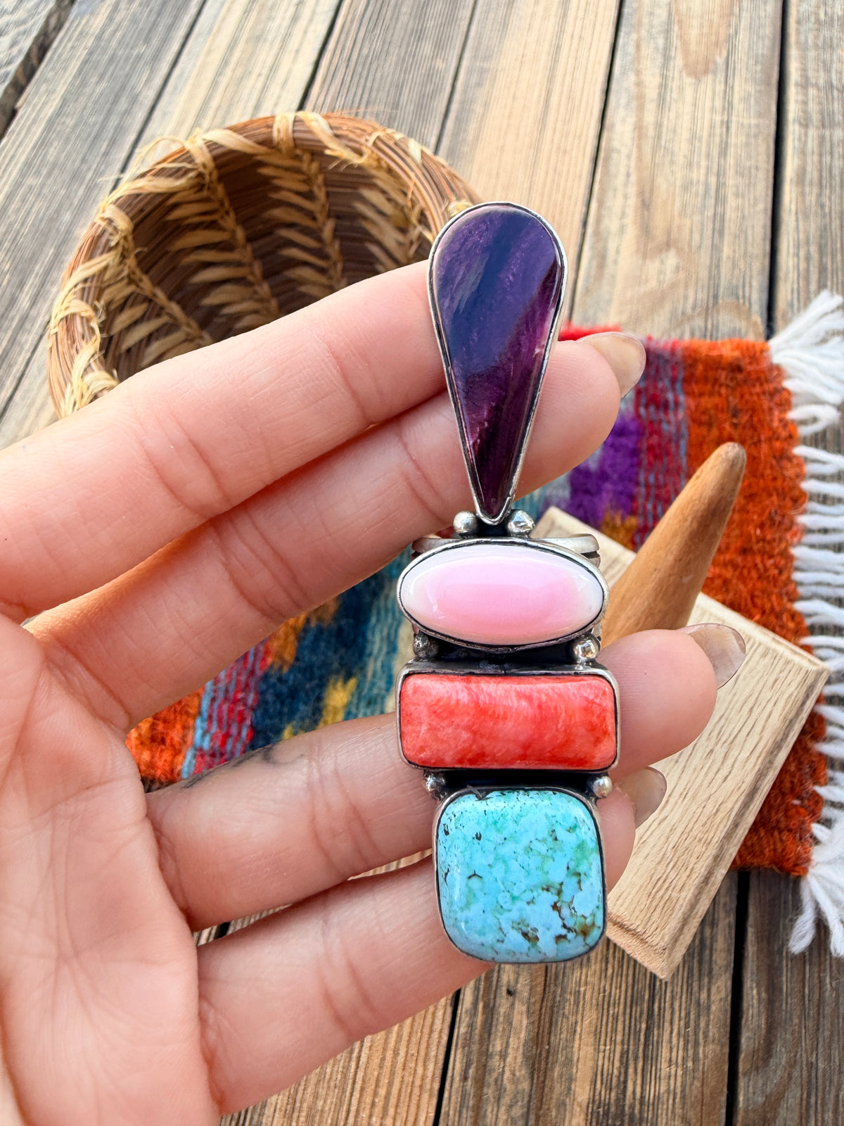 Handcrafted Spiny Oyster, Turquoise, Pink Conch & Sterling Silver Adjustable Ring