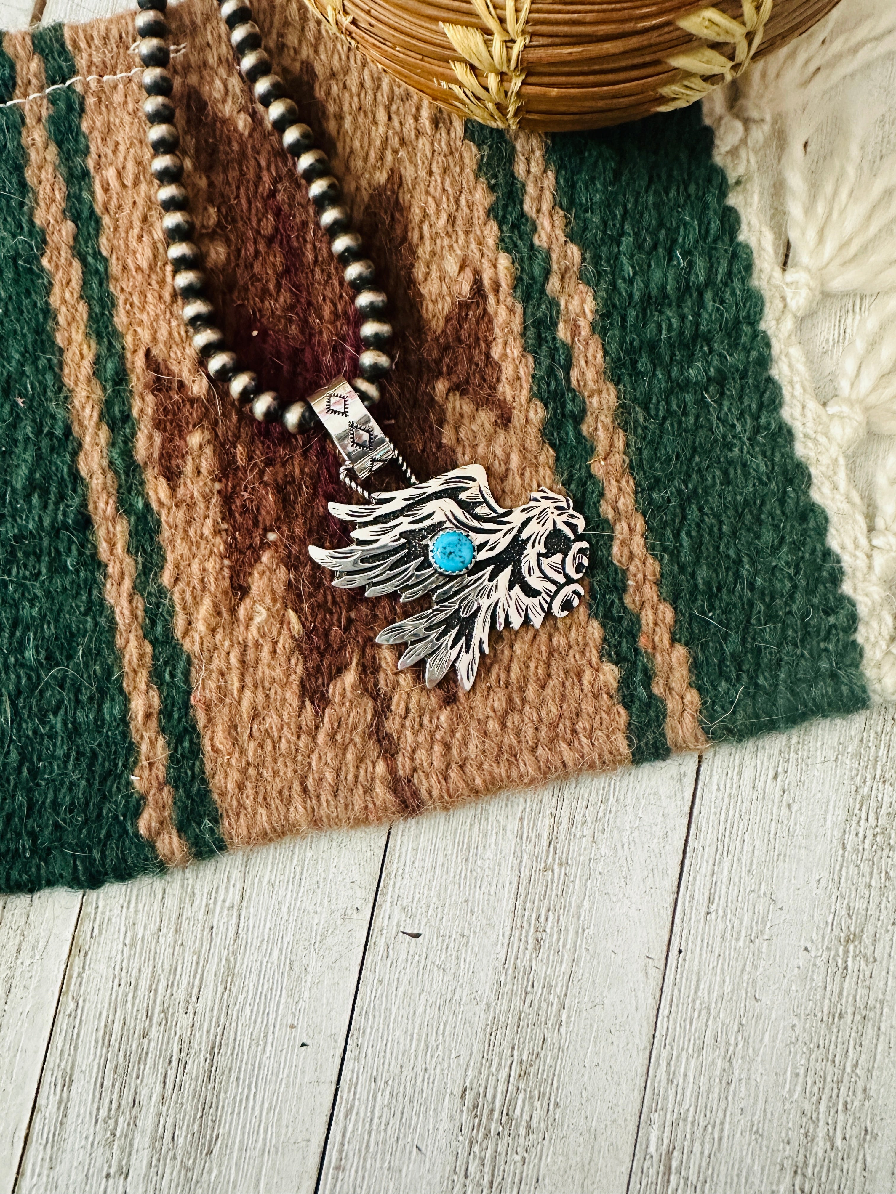 Navajo Turquoise & Sterling Silver Eagle Pendant Signed Richard Singer