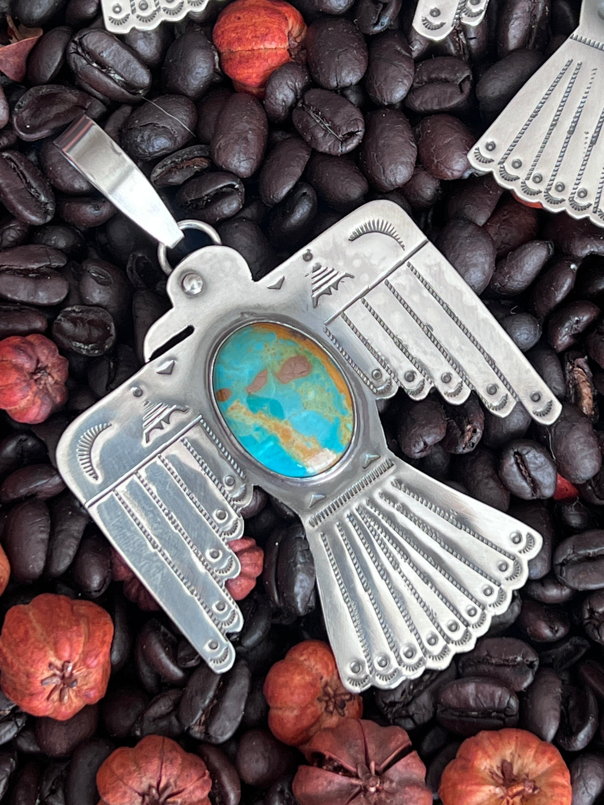 Kimari Somers Hand Stamped Sterling Silver & Kingman Turquoise Thunderbird Pendant 7