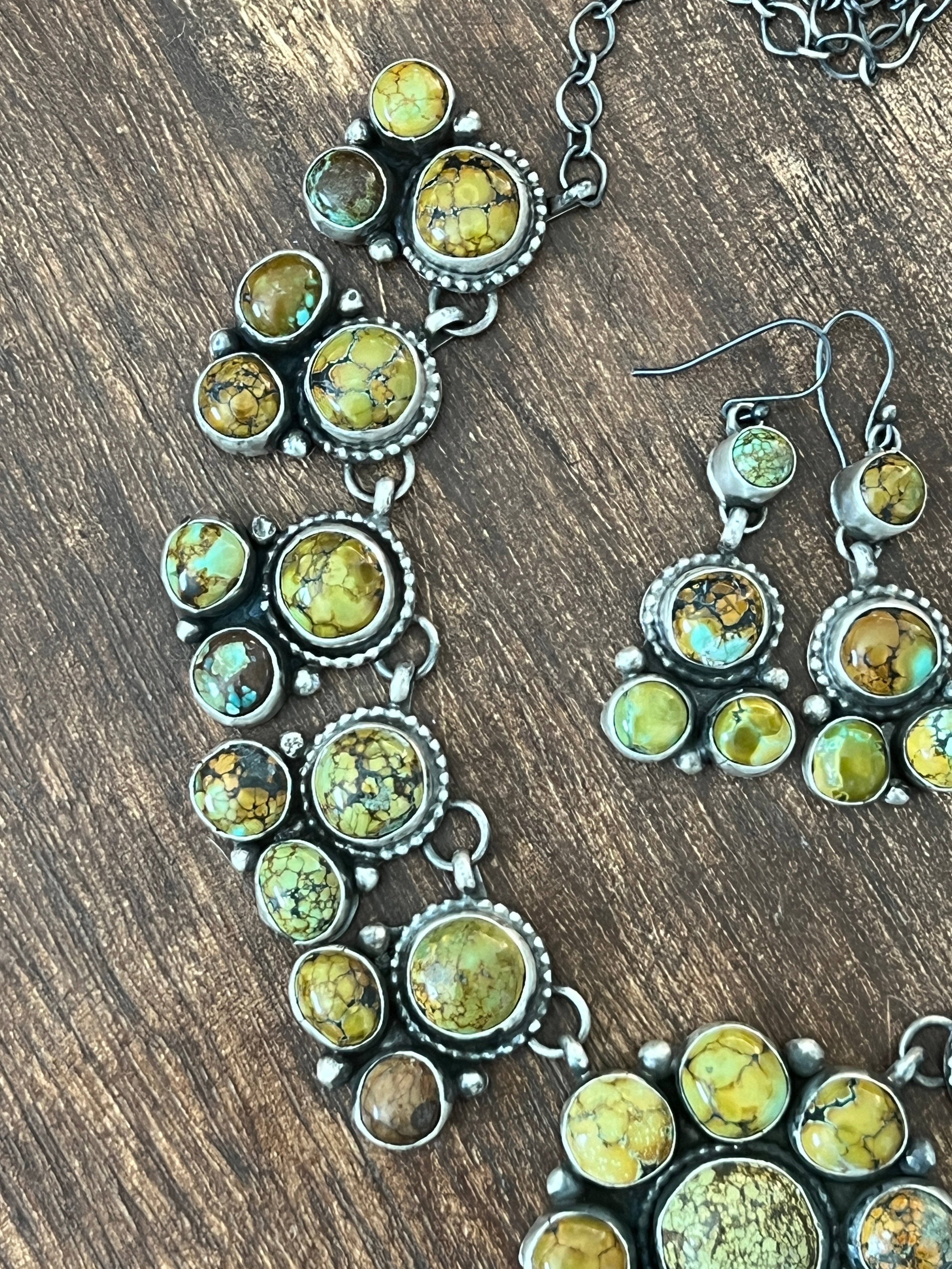 Handcrafted Sterling Silver and Blue Moon Turquoise Cluster Necklace and Earrings Set by Bobby Johnson