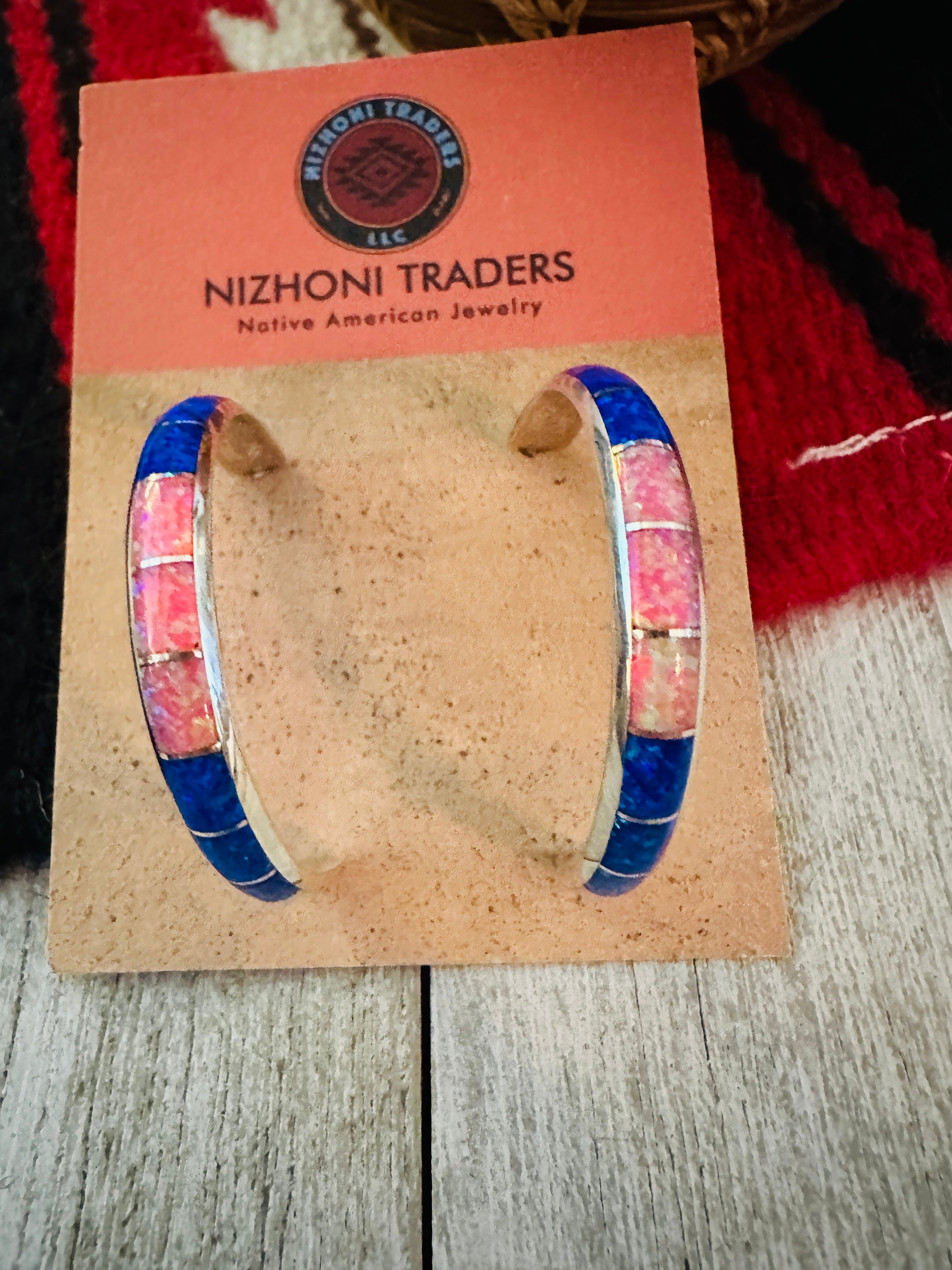 Zuni Sterling Silver & Multicolor Opal Inlay Hoop Earrings