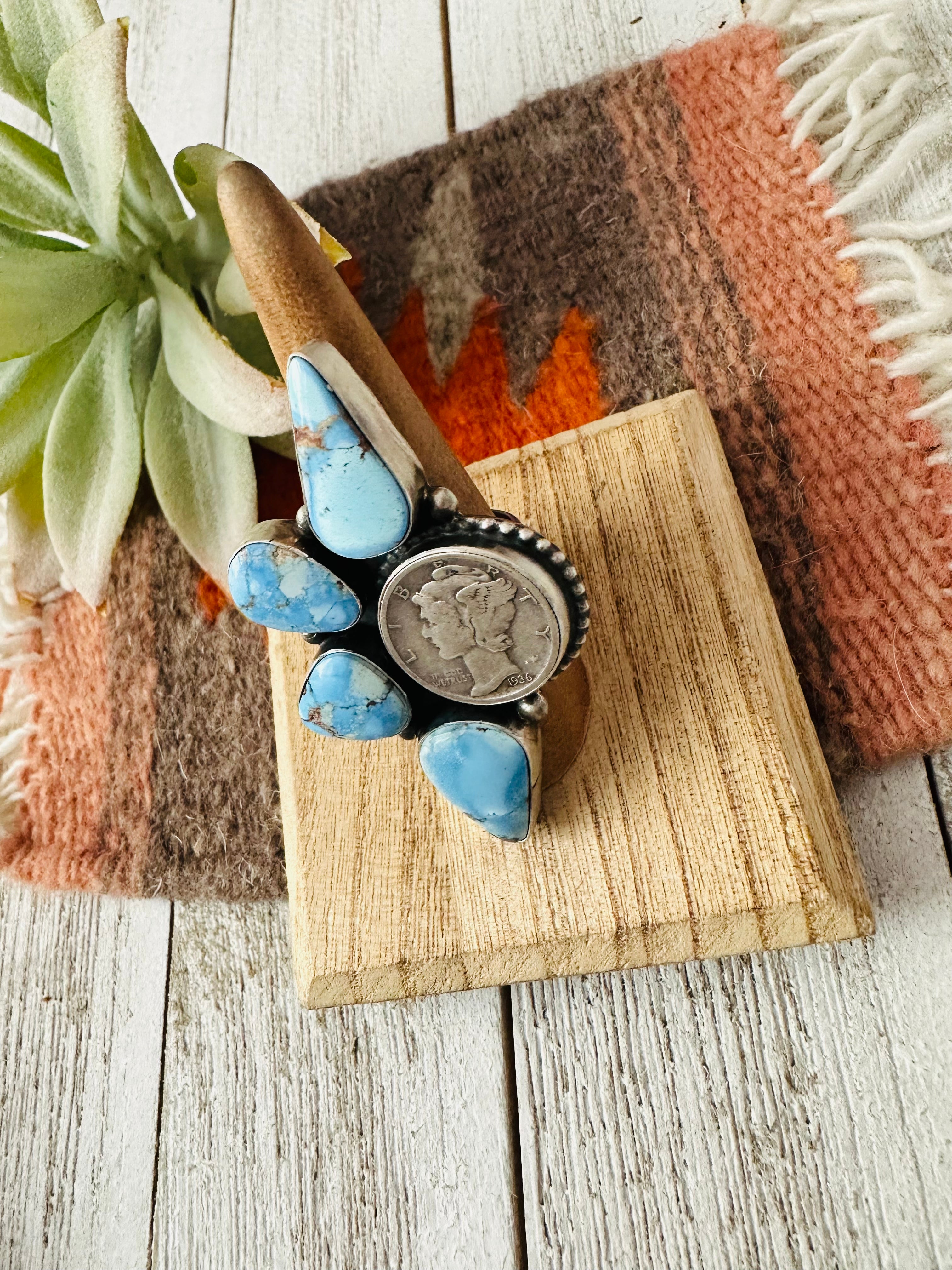 Navajo Golden Hills Turquoise & Sterling Silver Liberty Dime Ring Size 7.5