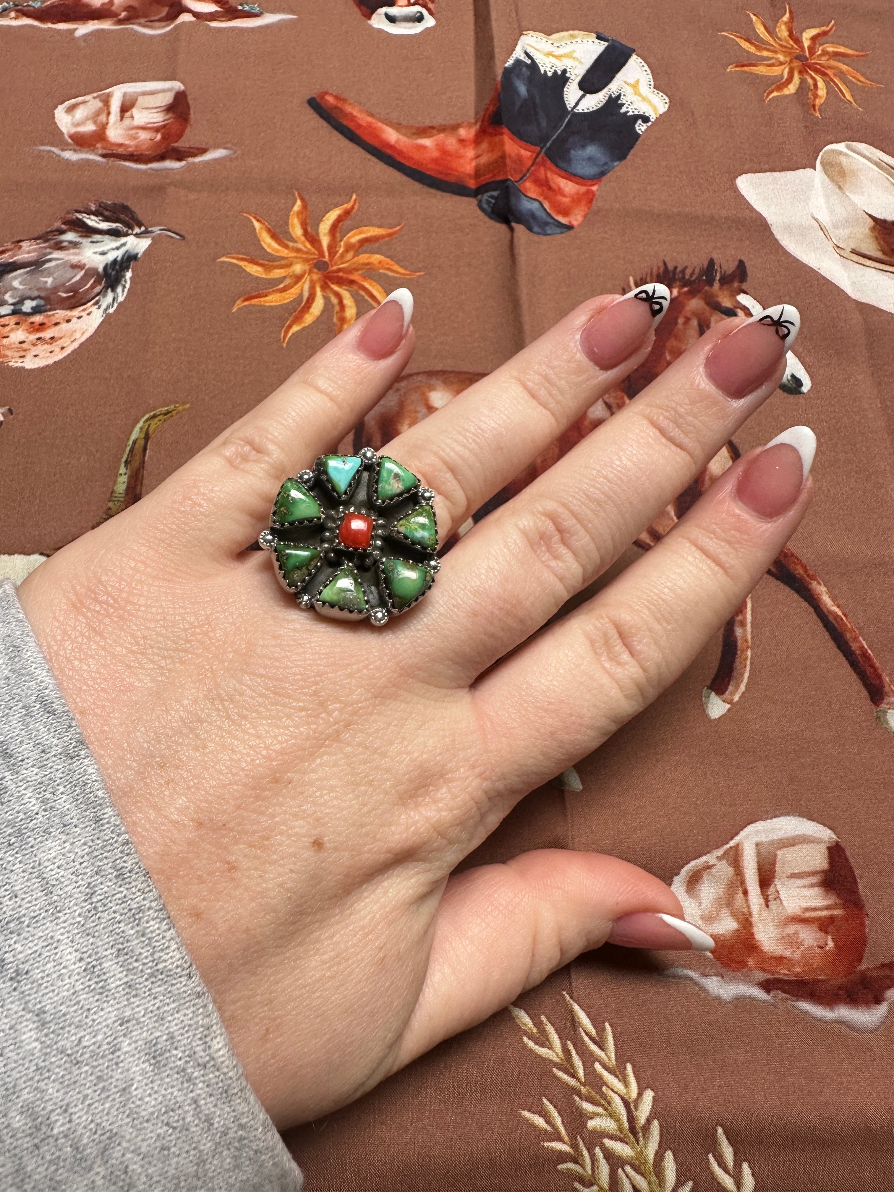 Beautiful Handmade Coral, Sonoran Turquoise And Sterling Silver Adjustable CLUSTER Ring