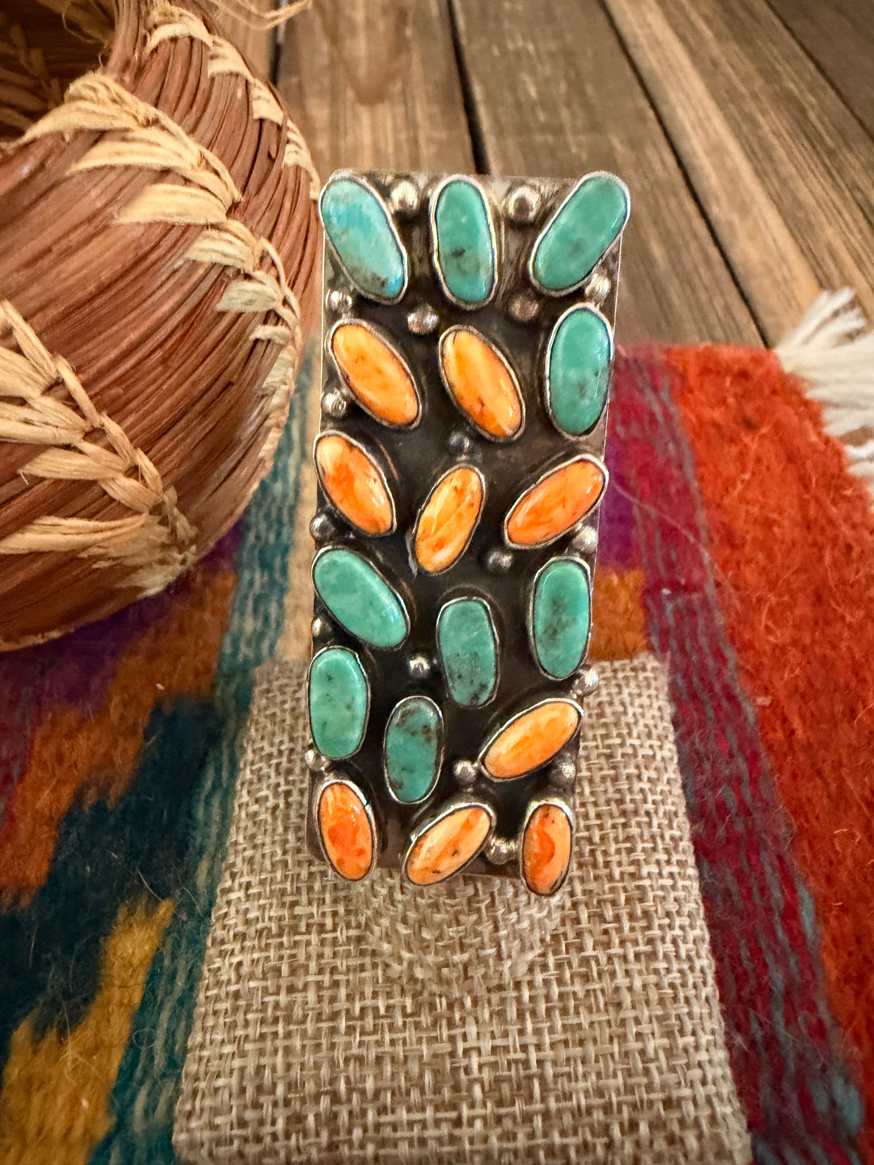 Handcrafted Turquoise, Spiny Oyster & Sterling Silver Cluster Adjustable Ring by Jacqueline Silver