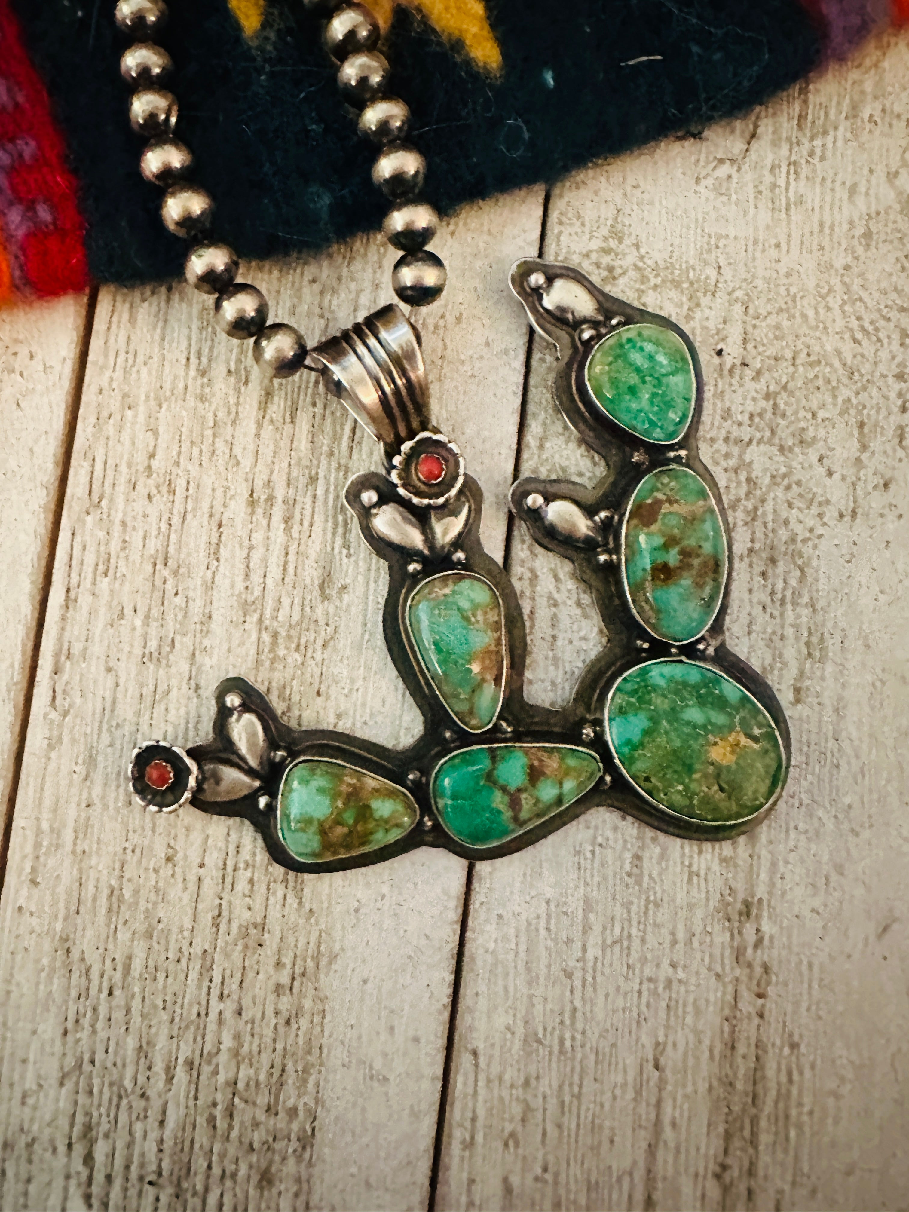 Navajo Turquoise, Coral and Sterling Silver Cactus Pendant