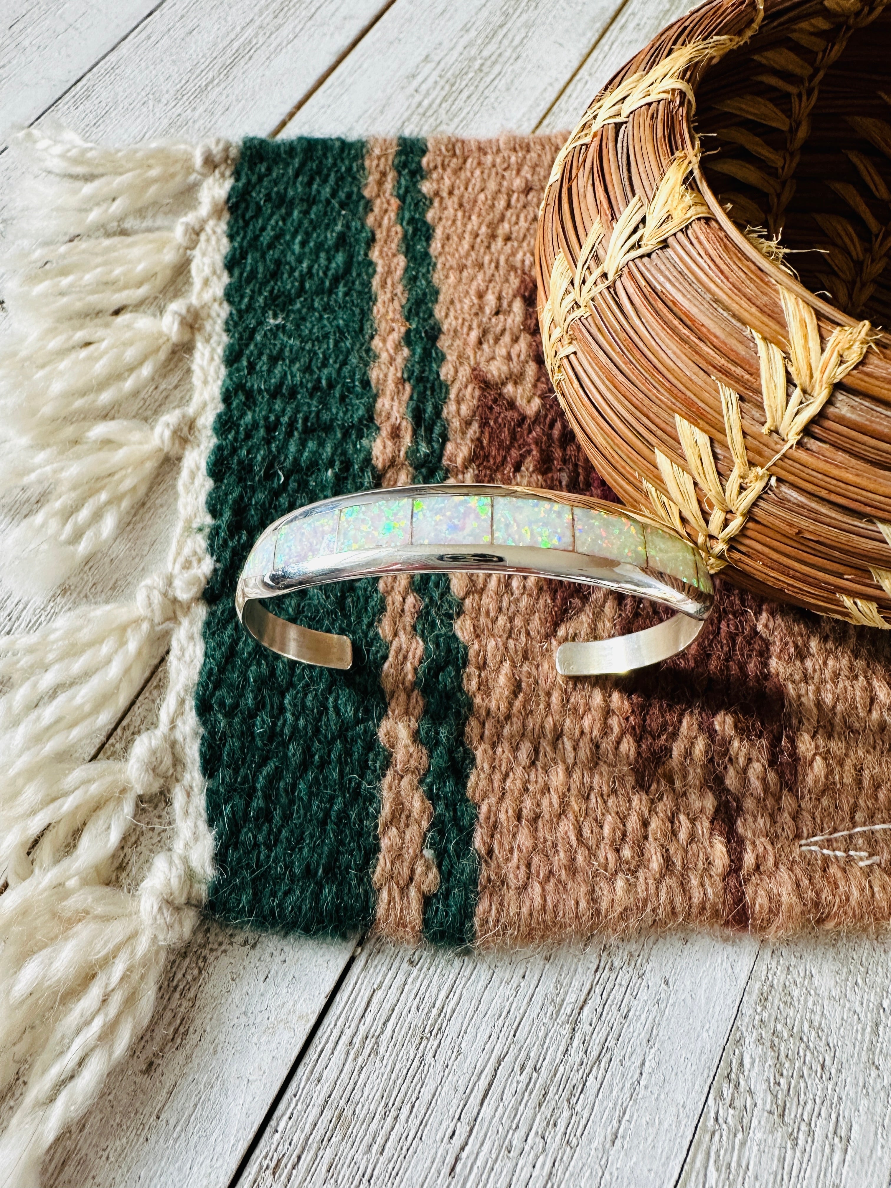 Navajo Sterling Silver & White Opal Inlay Cuff Bracelet