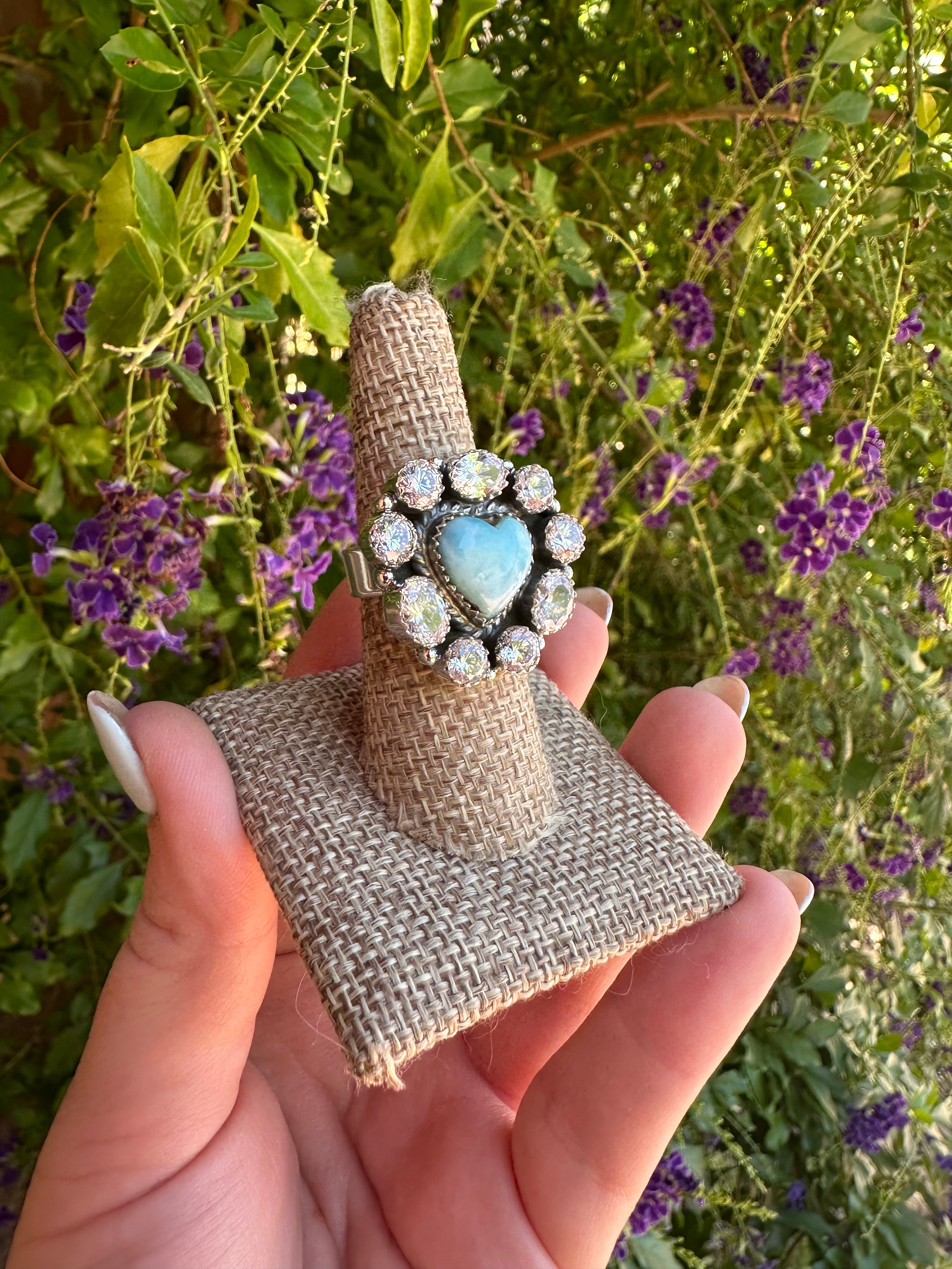 Handmade Larimar, CZ & Sterling Silver Adjustable Heart Ring