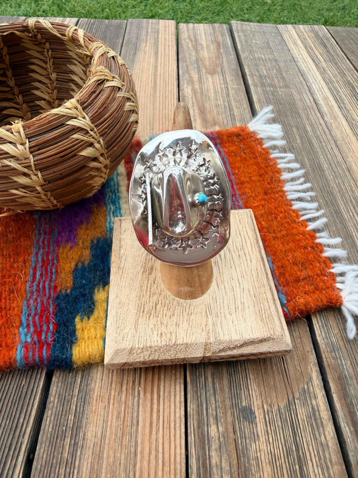 Handcrafted Turquoise and Sterling Silver Cowboy Hat Adjustable Ring