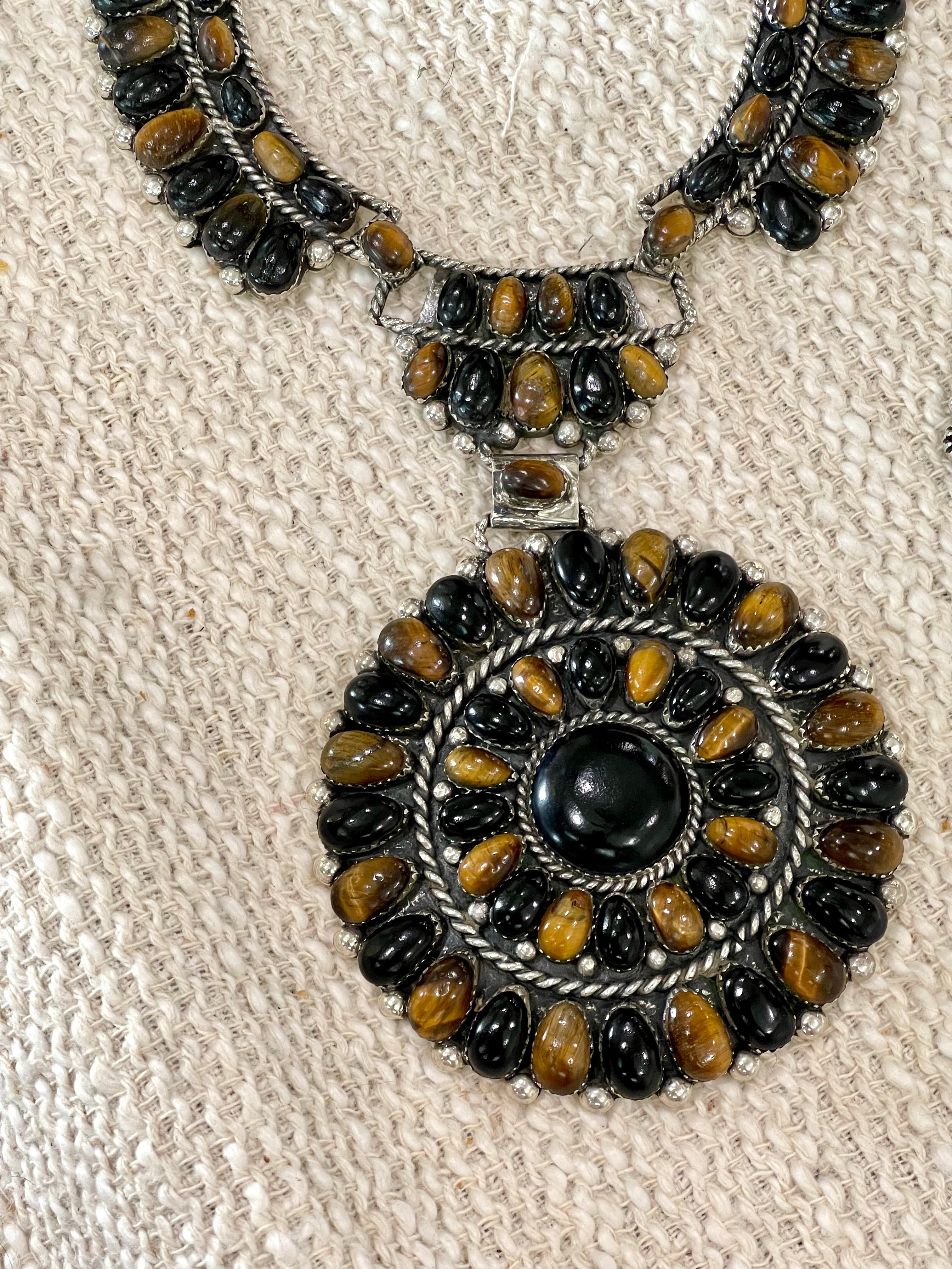 Beautiful Handmade Onyx, Tiger’s Eye & Sterling Silver Cluster Necklace And Earring set