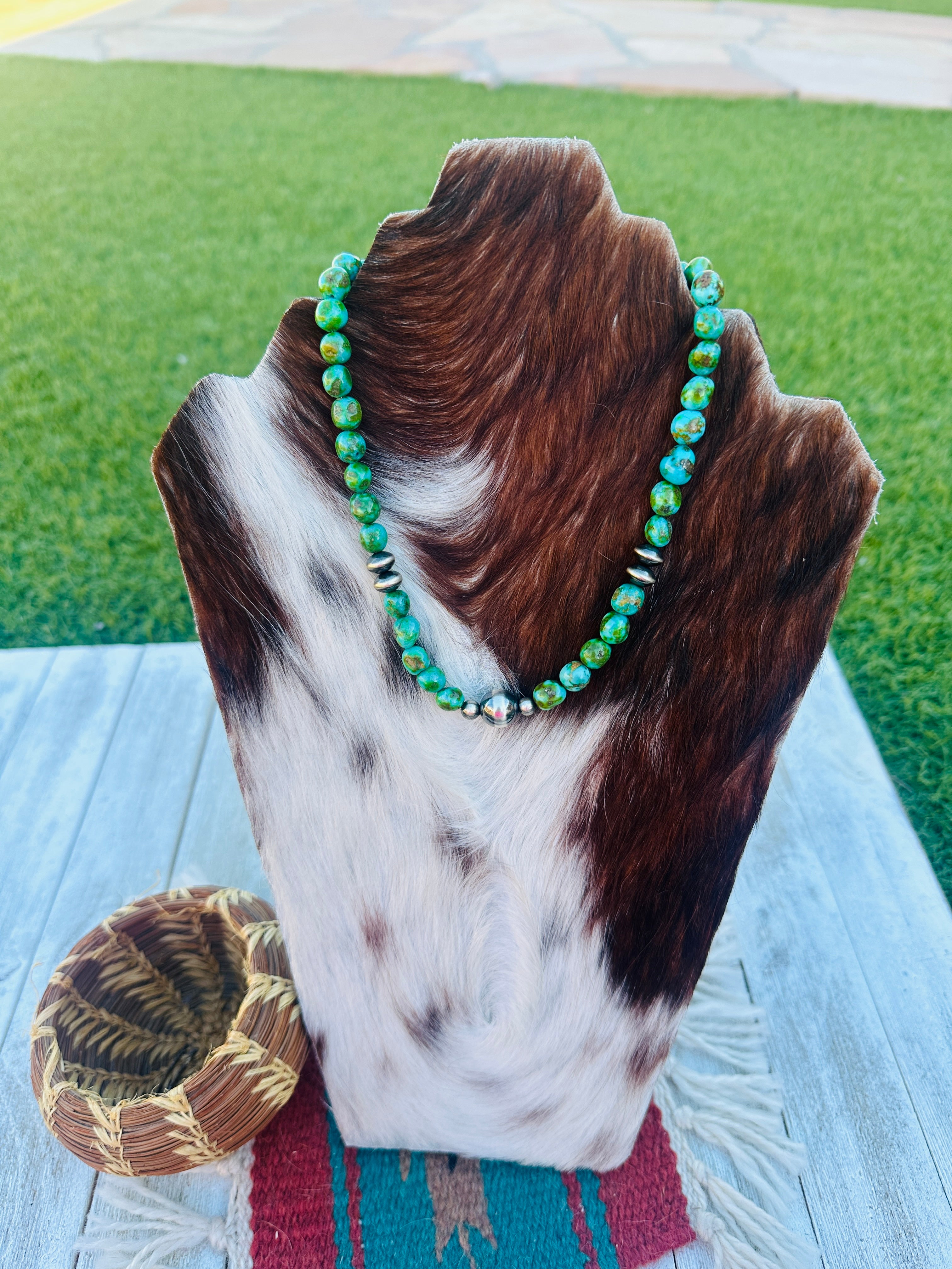 Handcrafted Sonoran Mountain Turquoise & Sterling Silver Pearl Beaded Necklace 16”