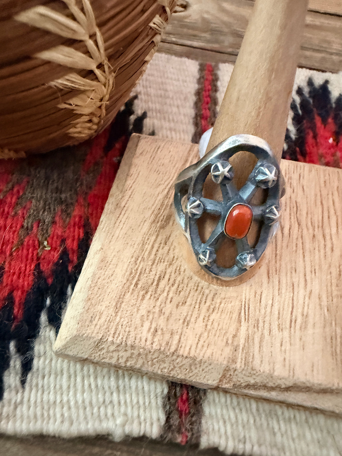 Handcrafted Coral and Sterling Silver Ring size 12 by Chimney Butte
