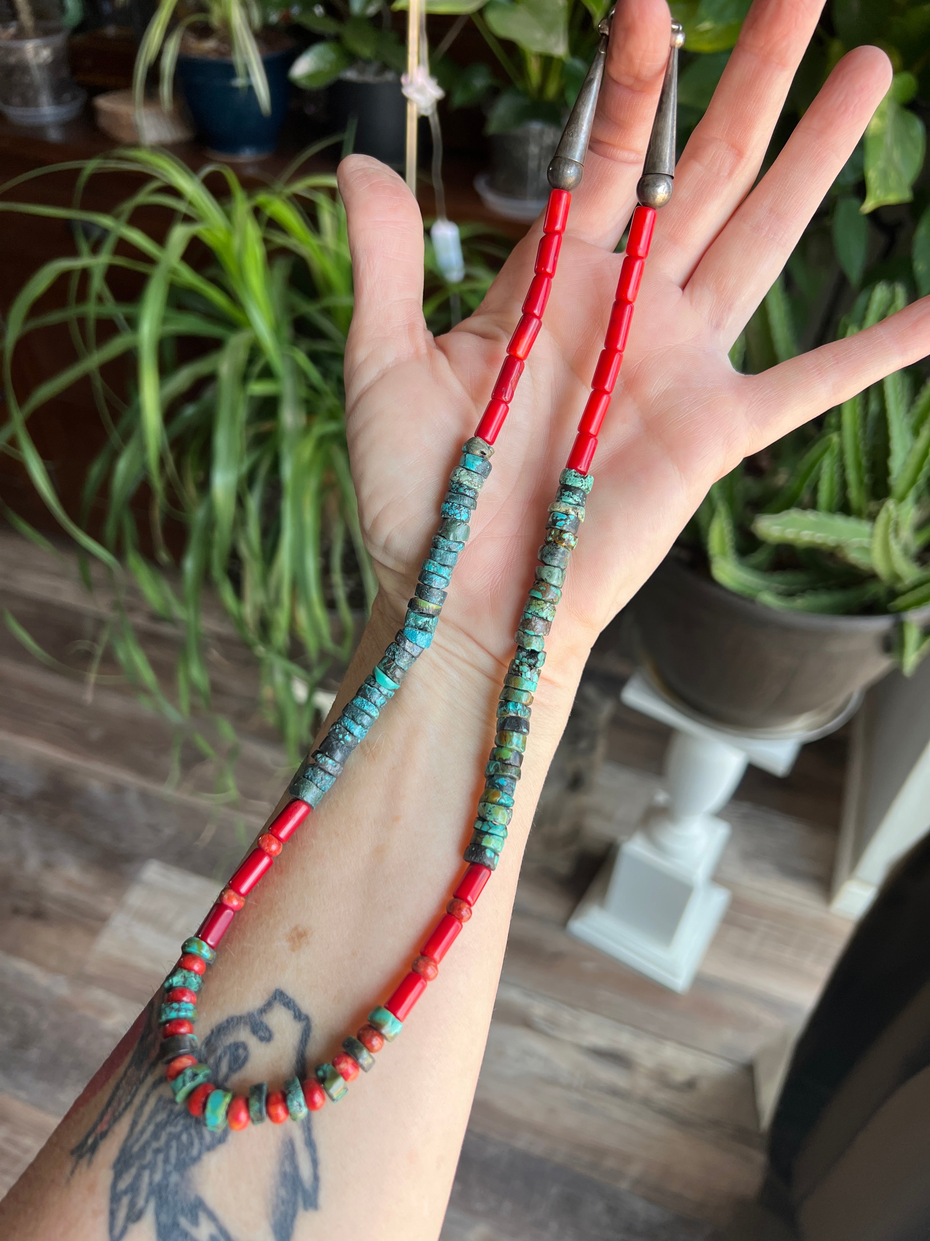 Handcrafted Hubei Turquoise Beaded Necklace with Sterling Silver and Bamboo Coral by Kirby Smith: 13 To Choose From!