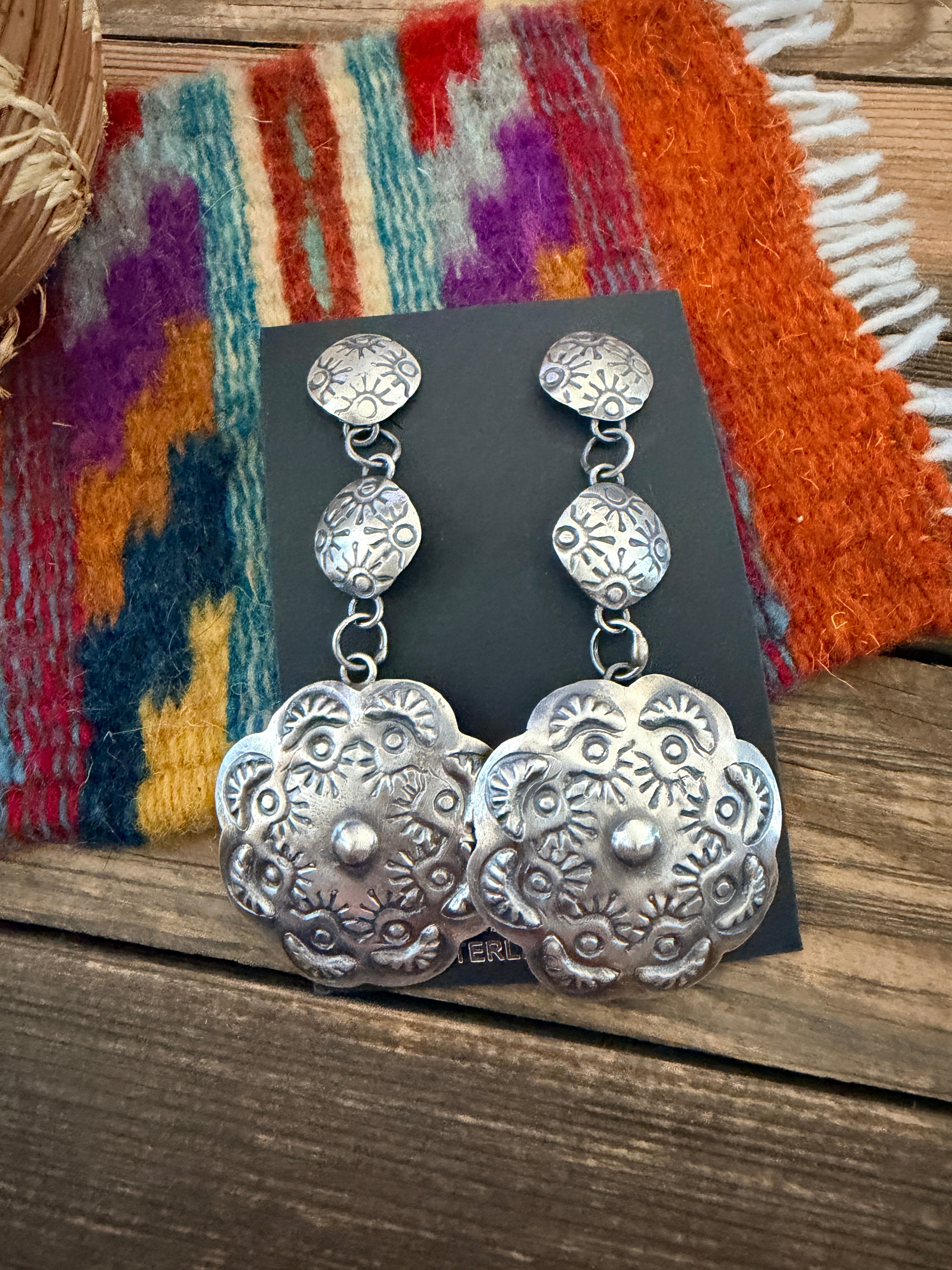 Handcrafted Sterling Silver Concho Dangle Earrings by Gabrielle Yazzie