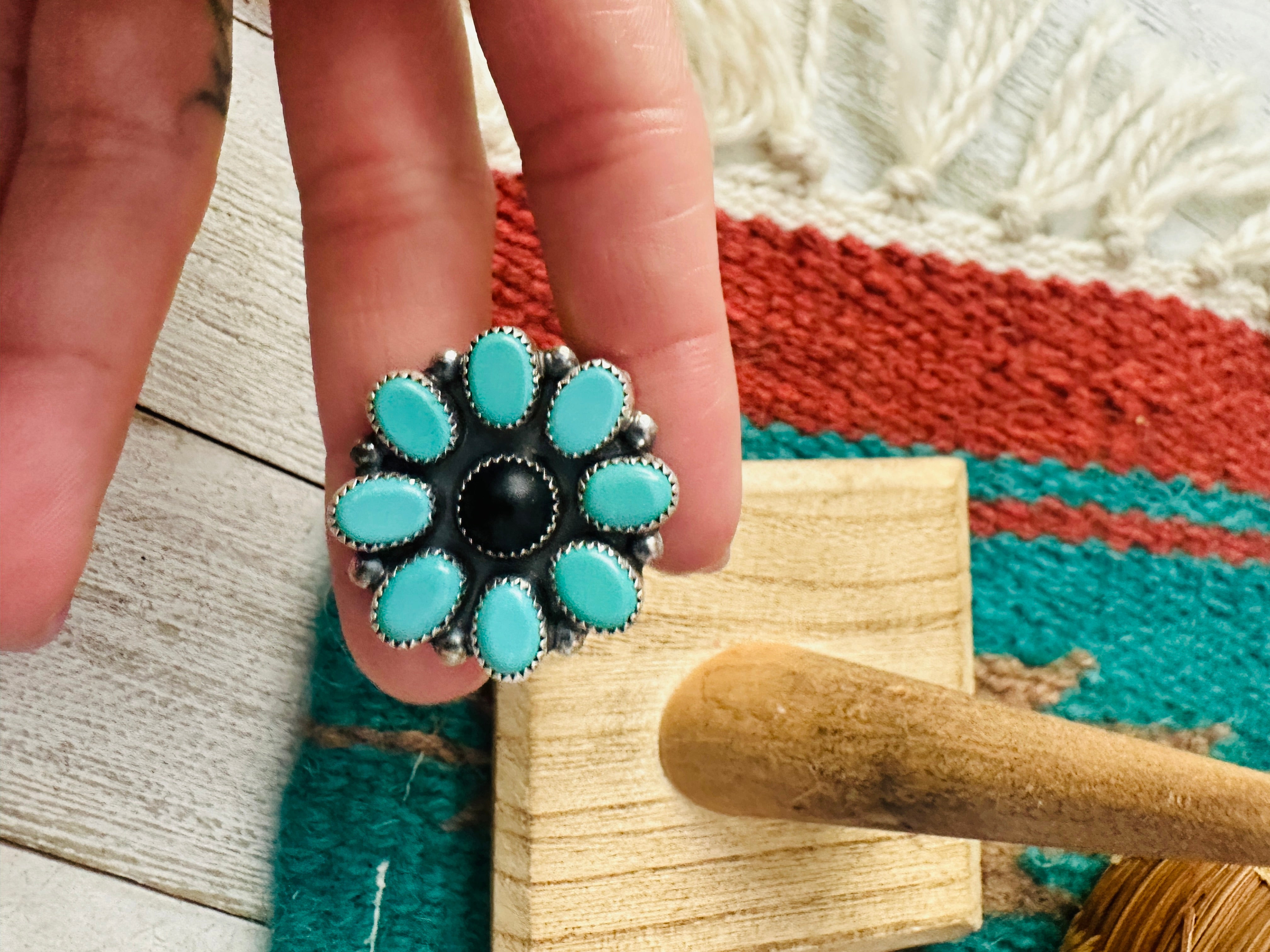 Navajo Sterling Silver, Turquoise & Onyx Cluster Ring Size 8