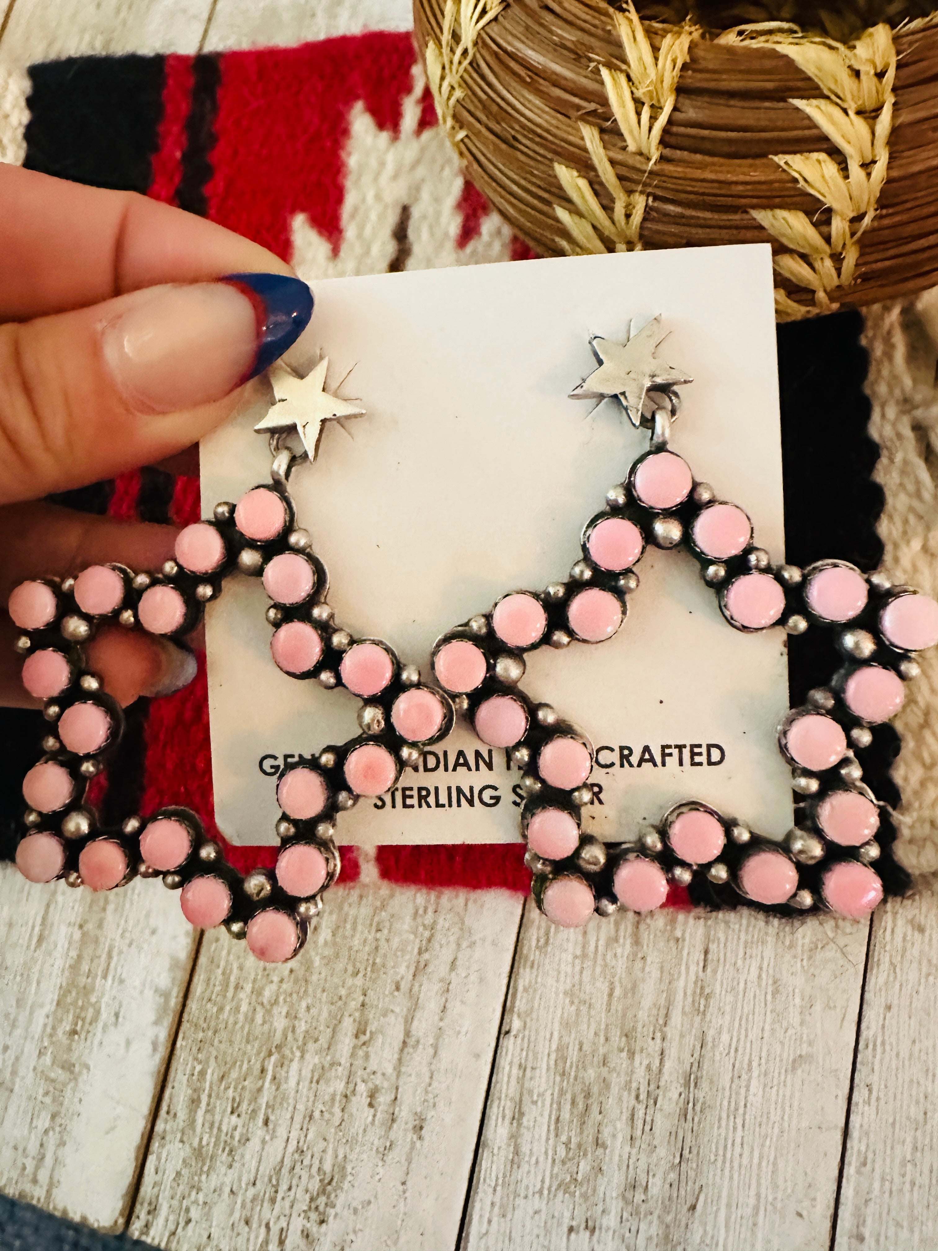 Handcrafted Queen Pink Conch & Sterling Silver Star Dangle Earrings by Charles Johnson