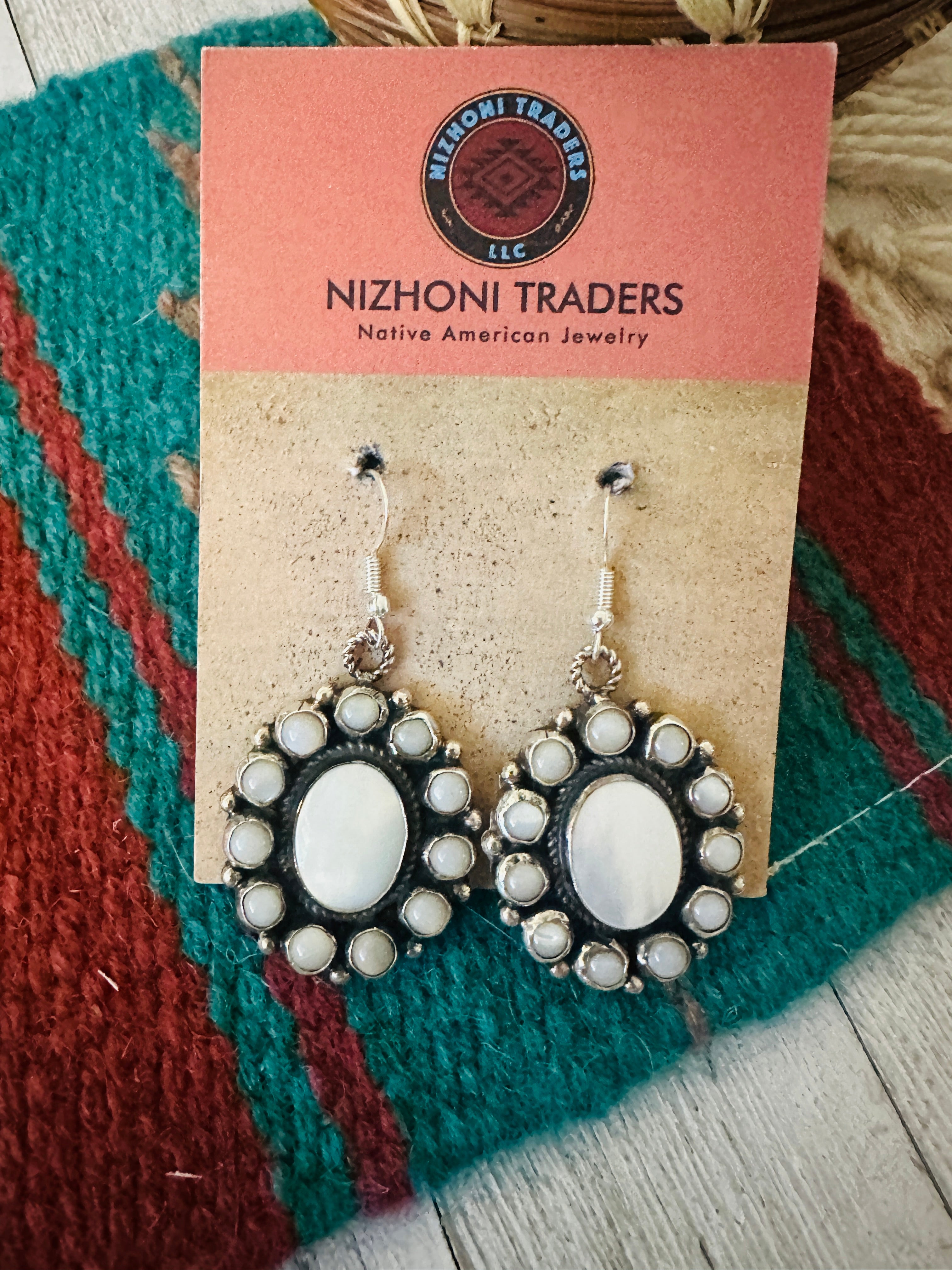 Navajo Mother of Pearl & Sterling Silver Cluster Dangle Earrings