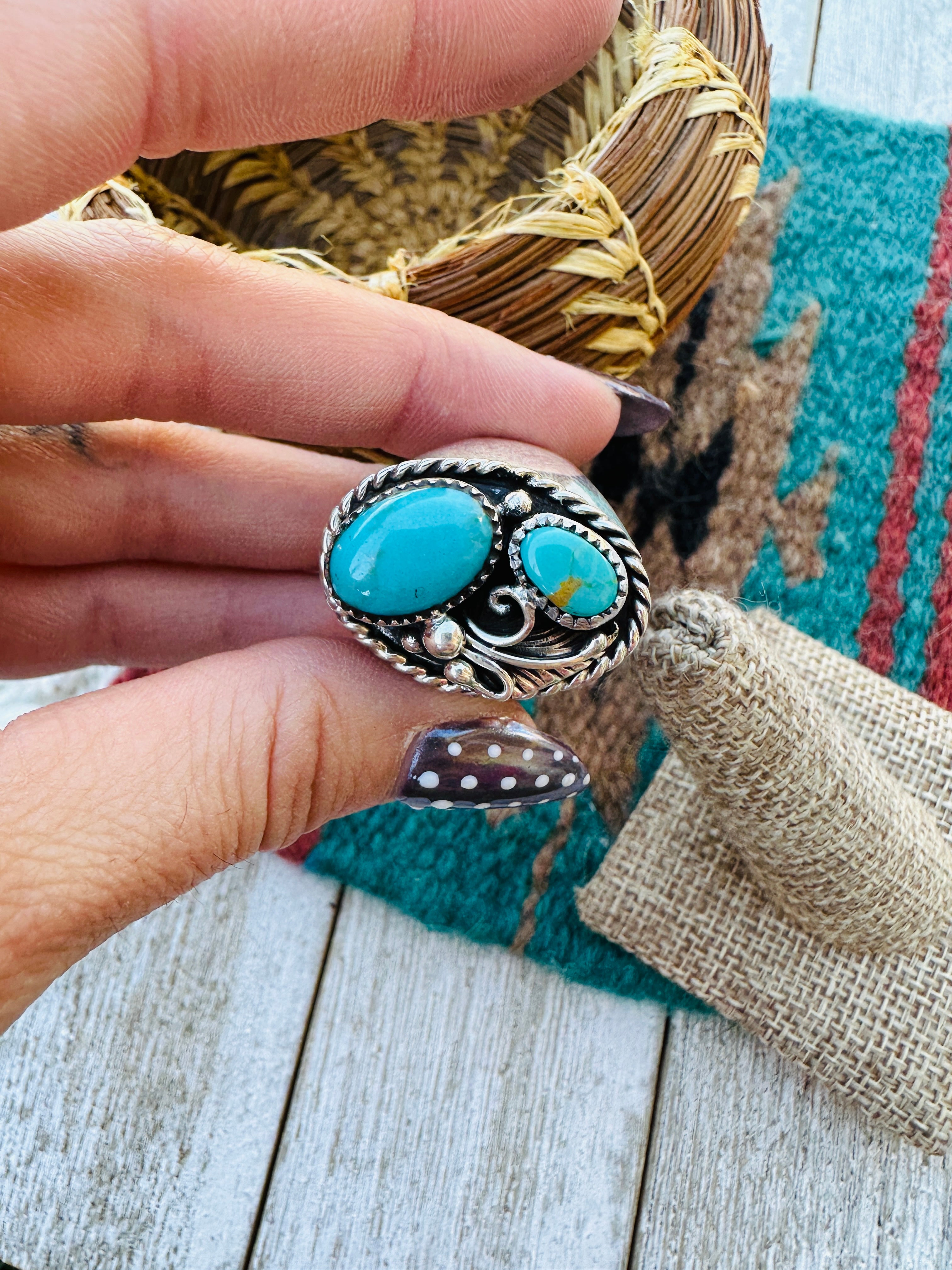 Handcrafted Turquoise & Sterling Silver Cigar Band Ring Size 10.5