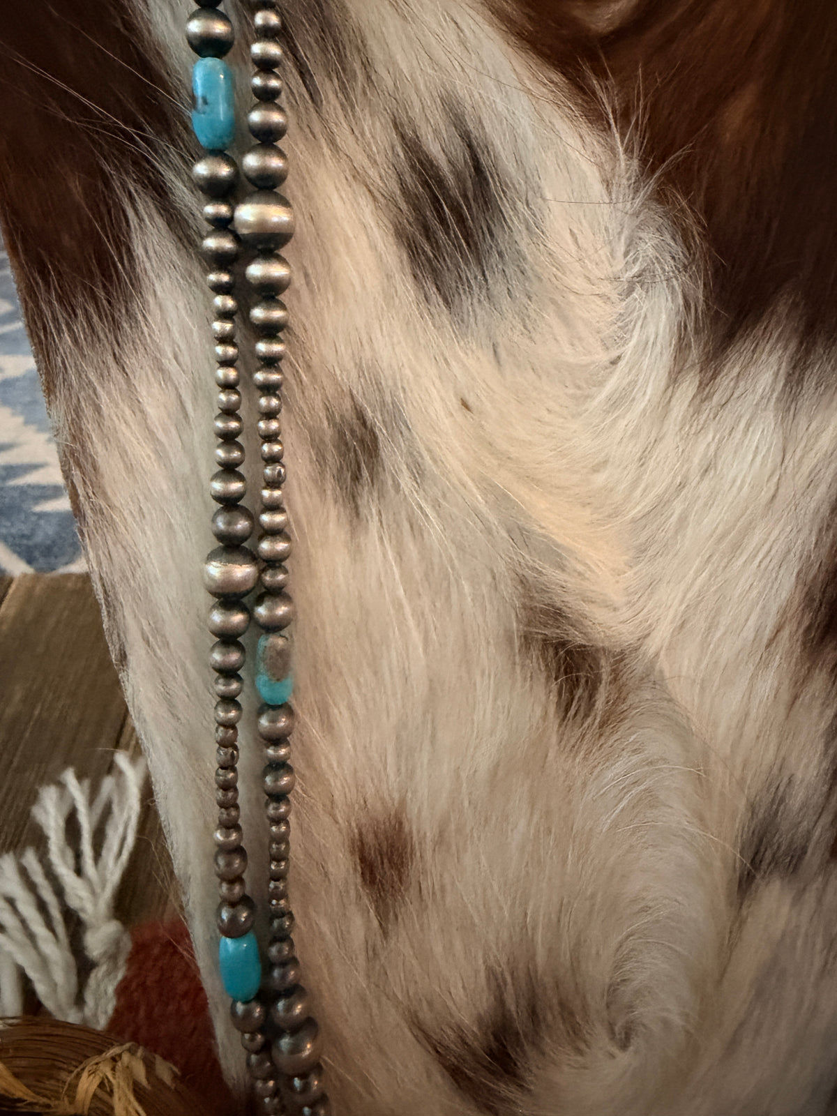 Handcrafted Turquoise & Sterling Silver Pearl Beaded 72” Necklace
