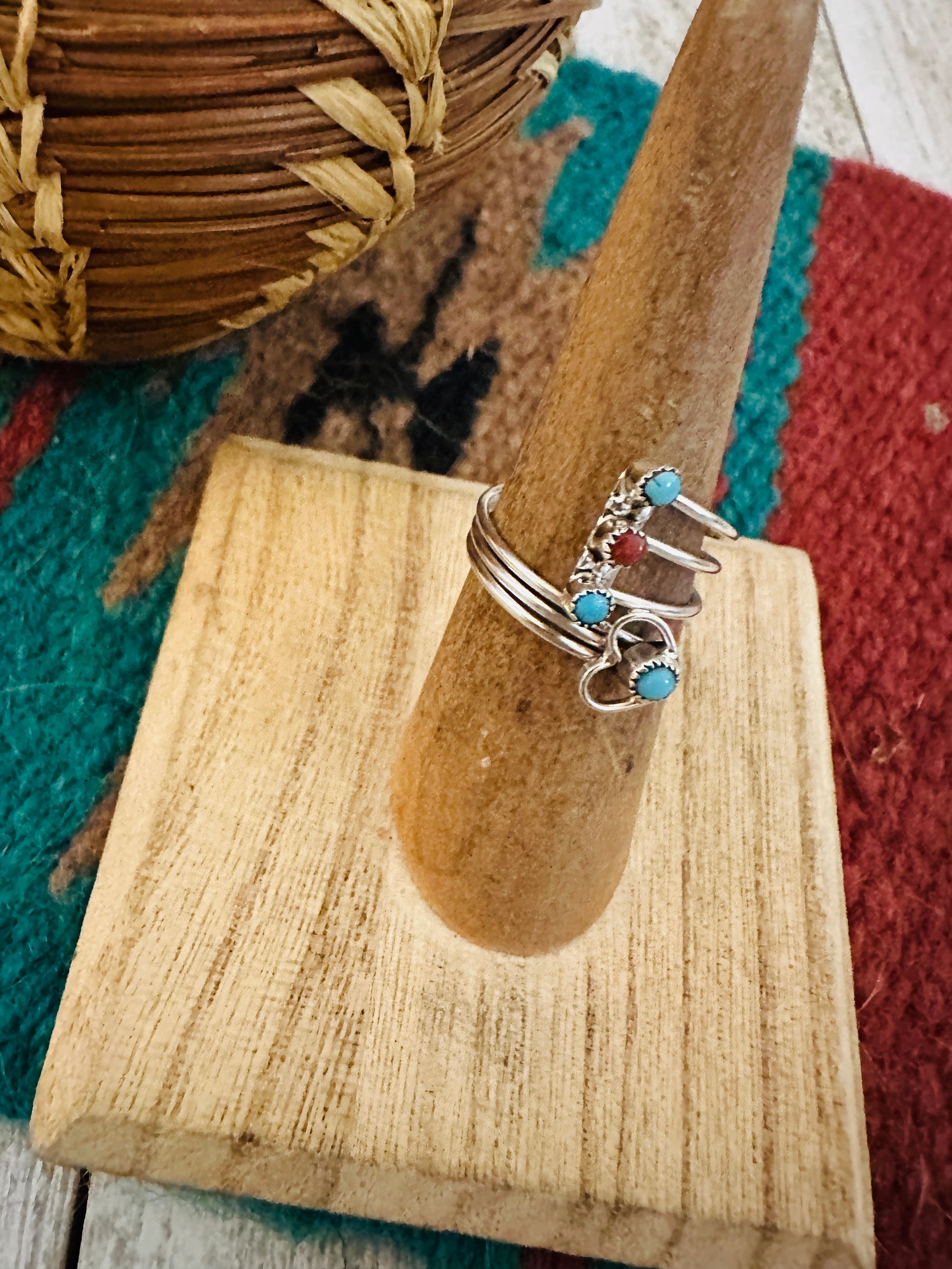 Zuni Turquoise, Coral & Sterling Silver Heart Adjustable Ring