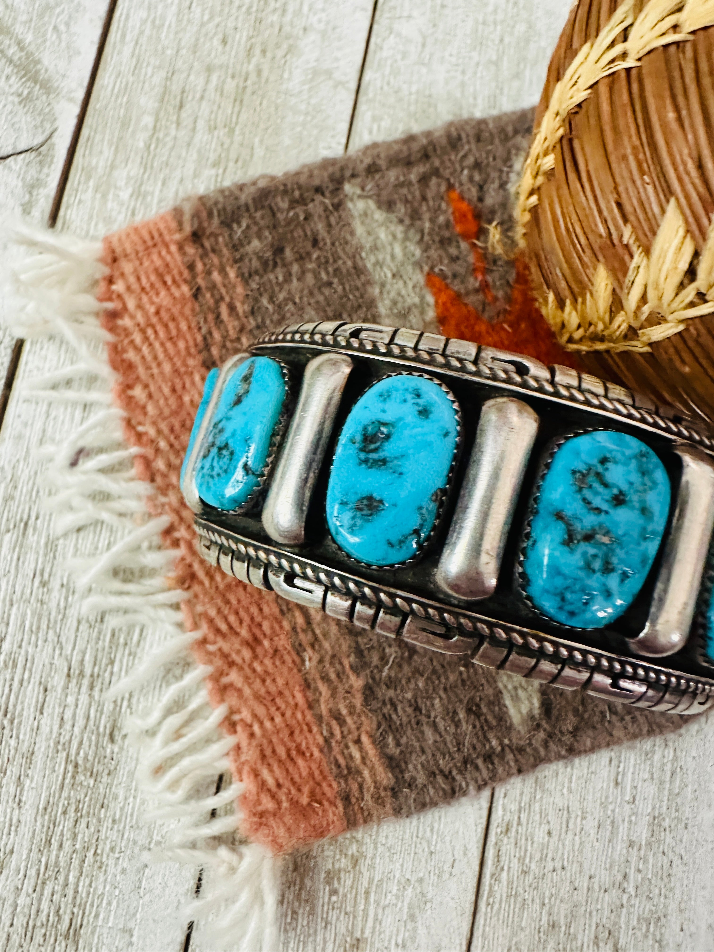 Handcrafted Old Pawn Kingman Turquoise Cluster & Sterling Silver Cuff Bracelet by Richard Hoskie /