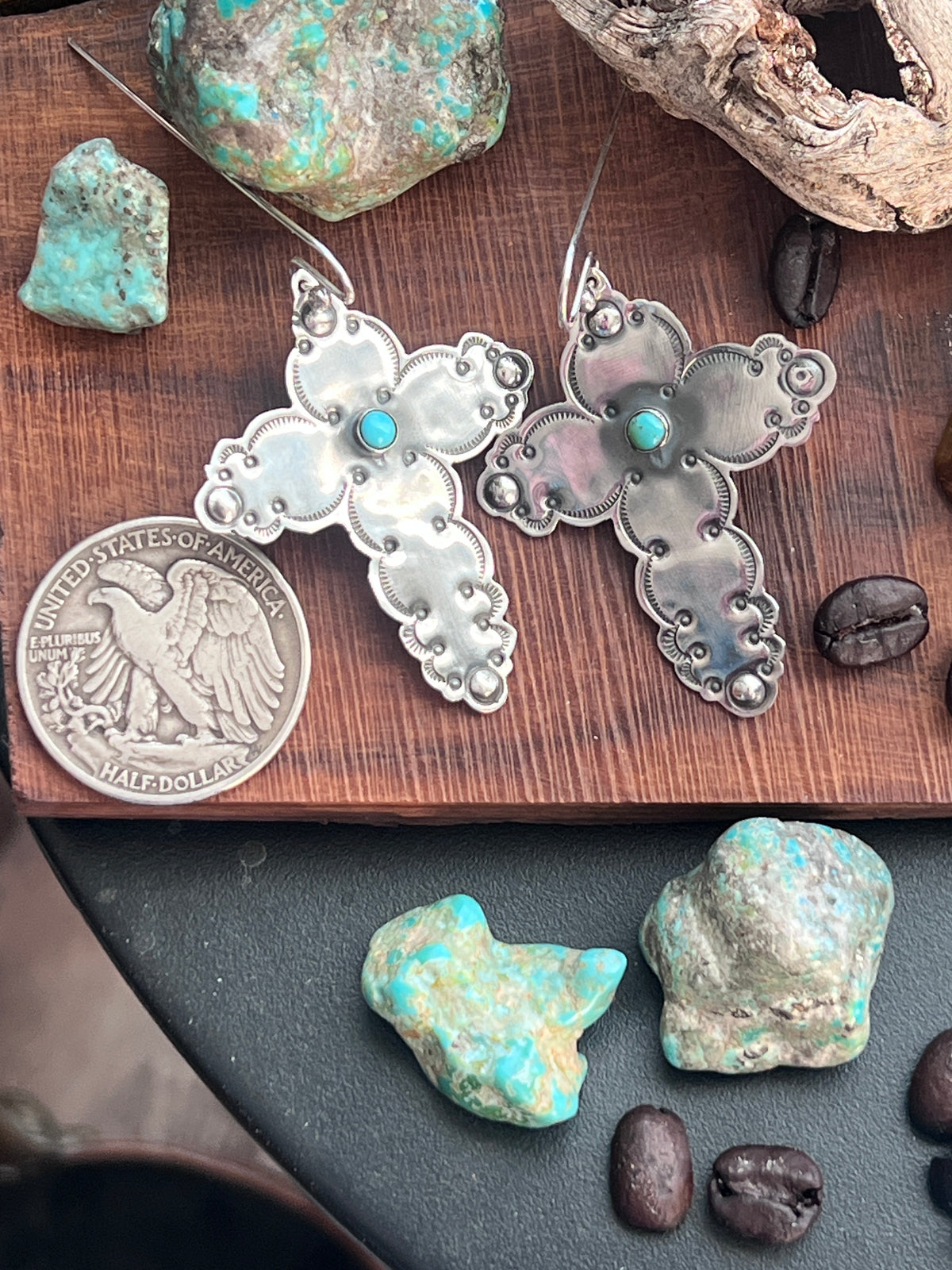 Hand Stamped Cloud Design Sterling Silver Cross Dangle Earrings with Kingman Turquoise by Kimari Somers