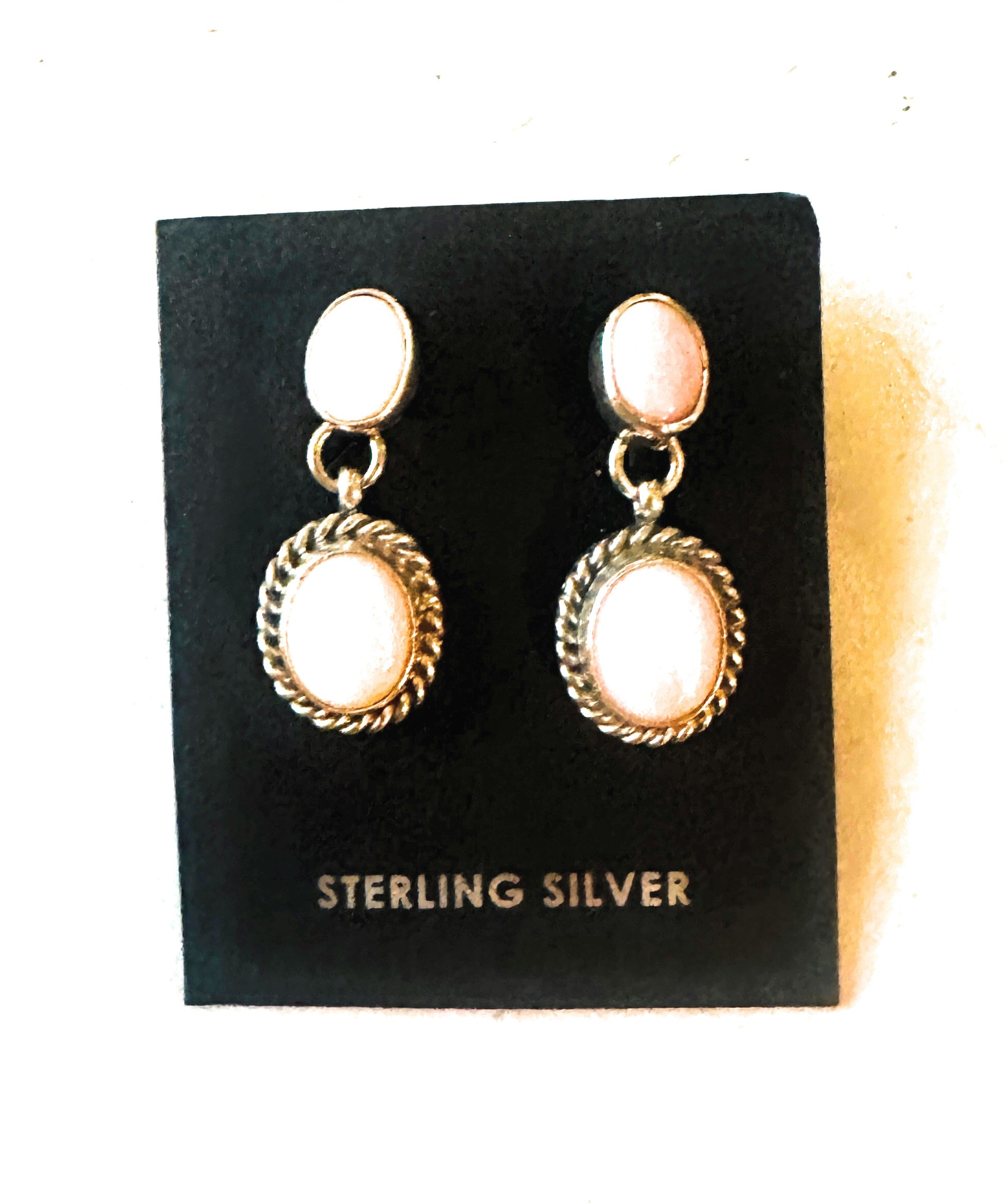 Navajo Queen Pink Conch & Sterling Silver Two Stone Dangle Earrings