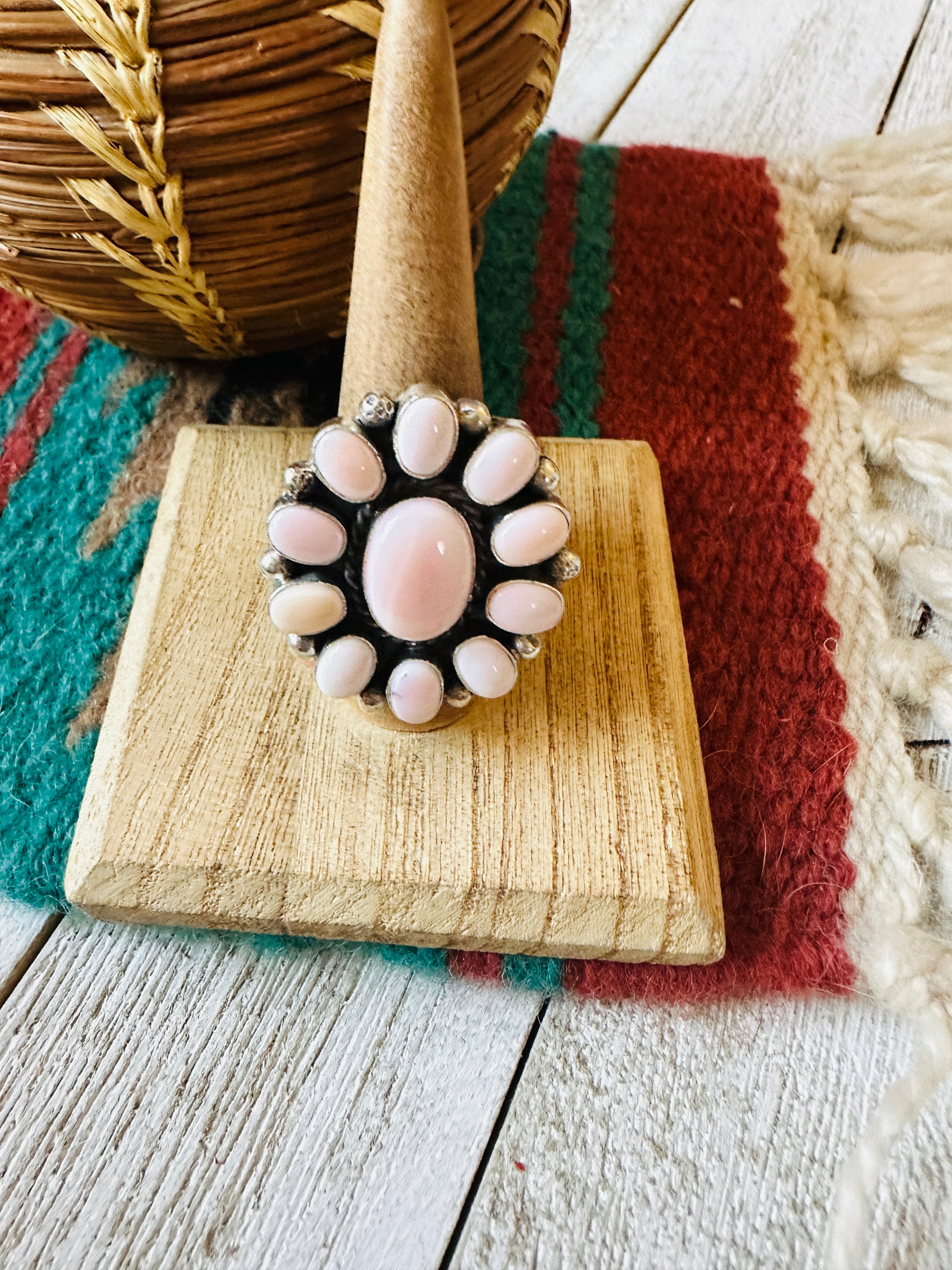 Navajo Sterling Silver & Queen Pink Conch Cluster Adjustable Ring