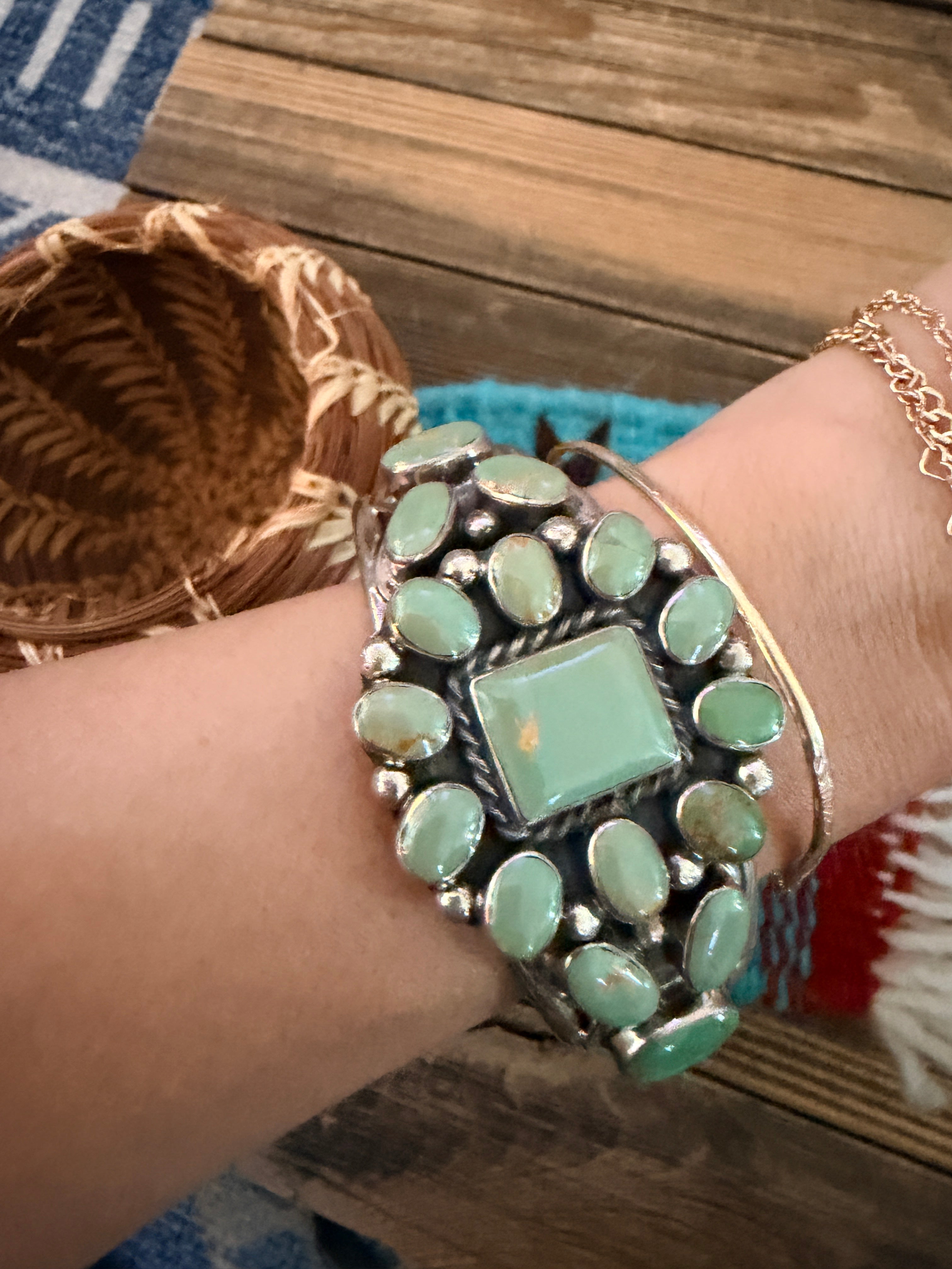 Handcrafted Sterling Silver & Carico Lake Turquoise Cluster Cuff Bracelet
